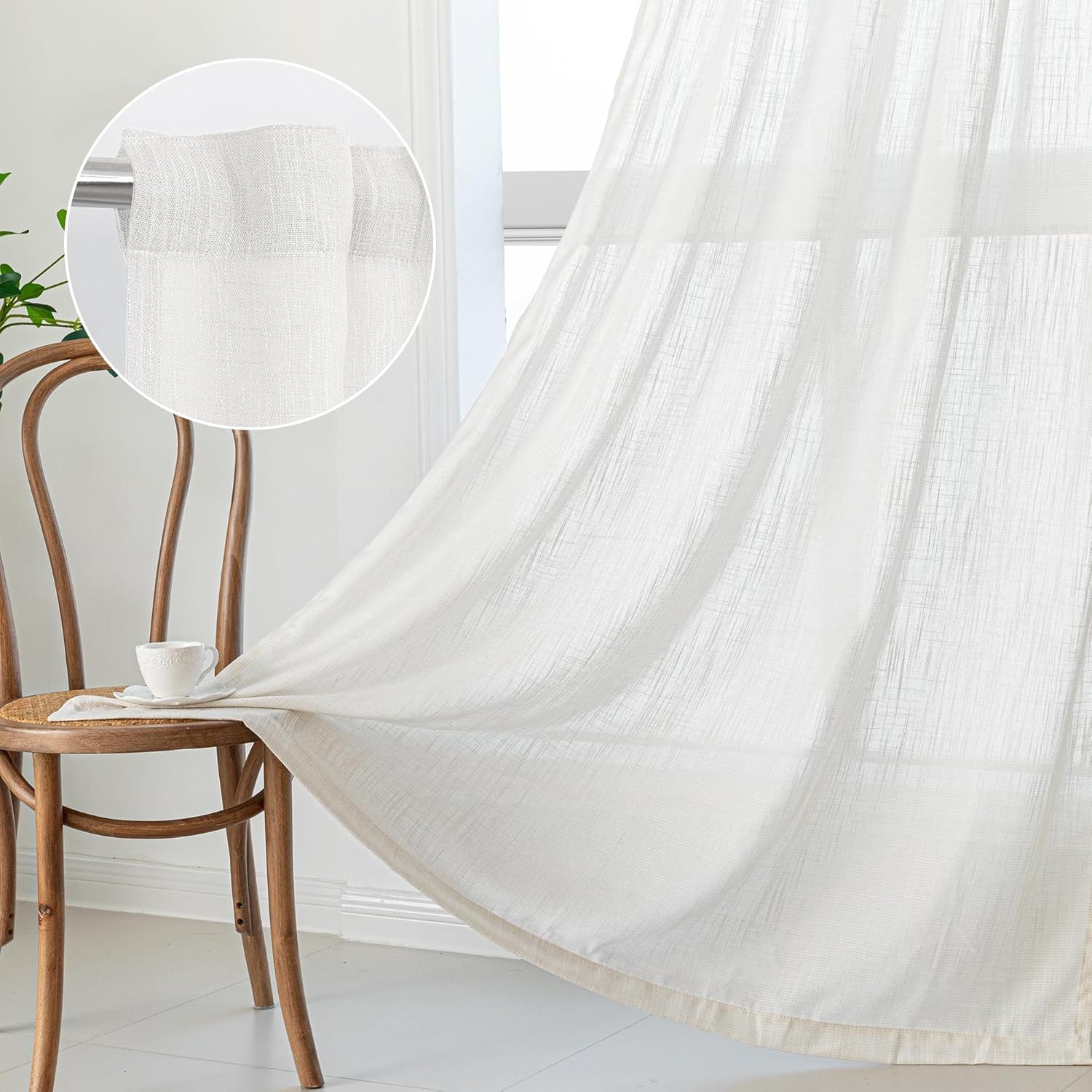 White curtains, semi-transparent soft cotton, with a buckle design at the back.