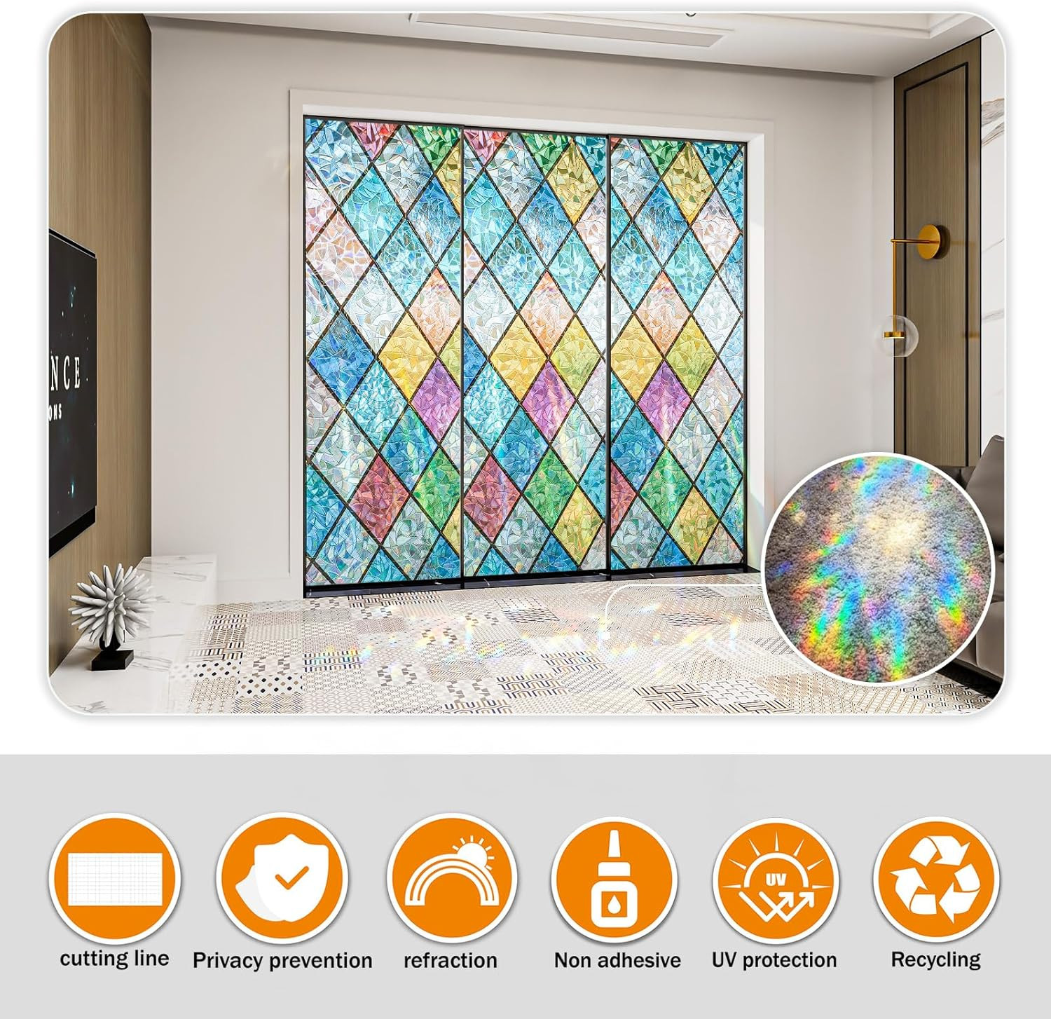 Window Privacy Film Stained Glass,Rainbow Window Film Decorative Peel and Stick