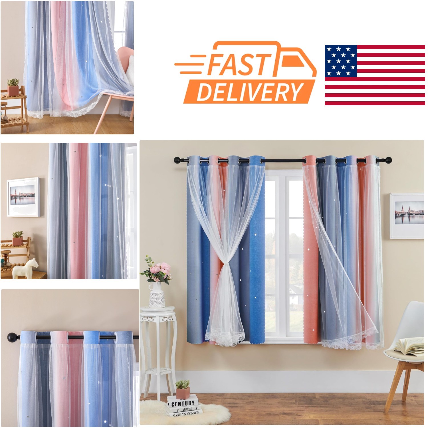 Curtains for Bedroom Decor Rainbow Pink Grey Blue 52 Inches Wide 45 Inches Long