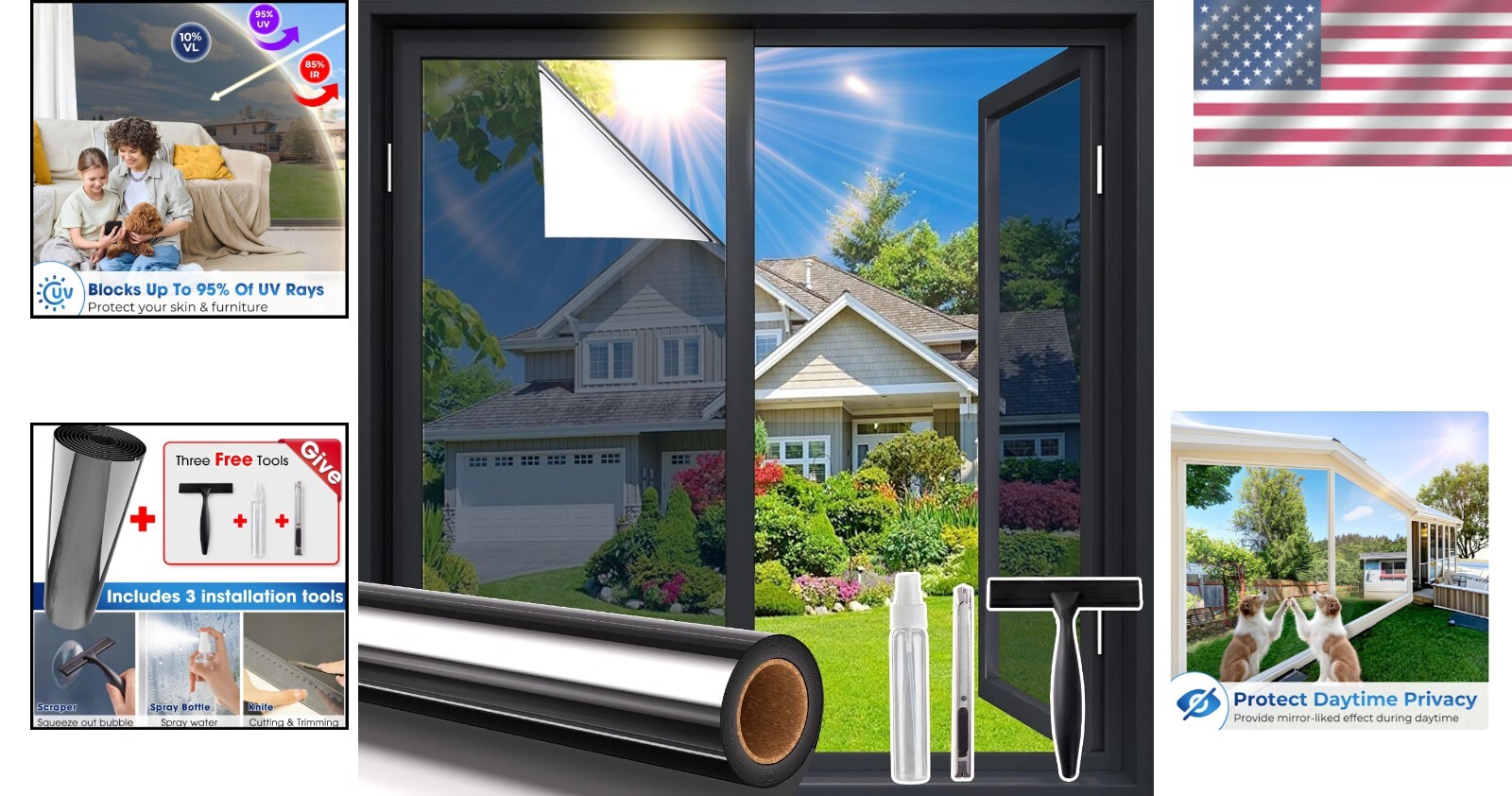 Static Cling One Way Window Tint – 95% UV Protection, Black Silver 17.5×78.7in