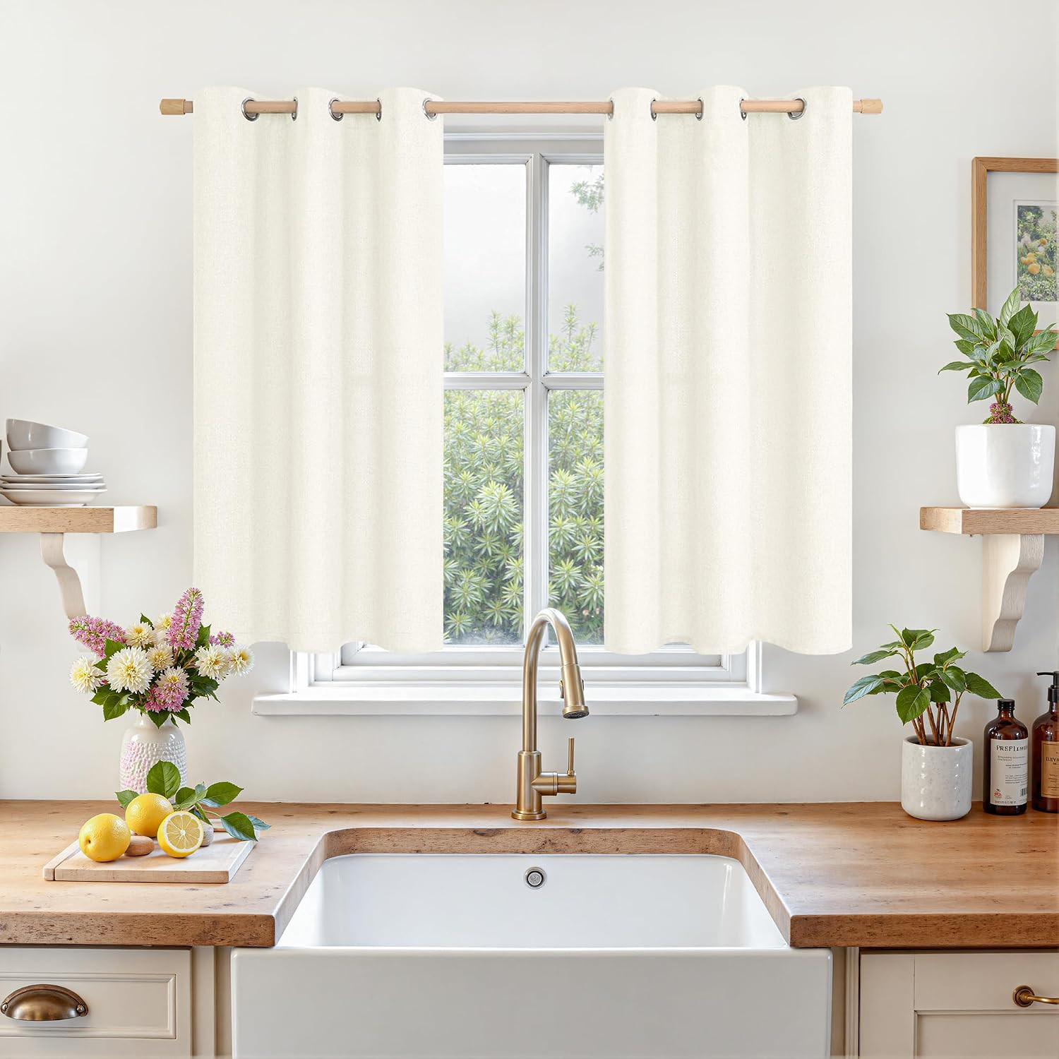 LAMIT LAMT Short Linen Curtains 40 Inches Long for Kitchen Window, Ivory Light F