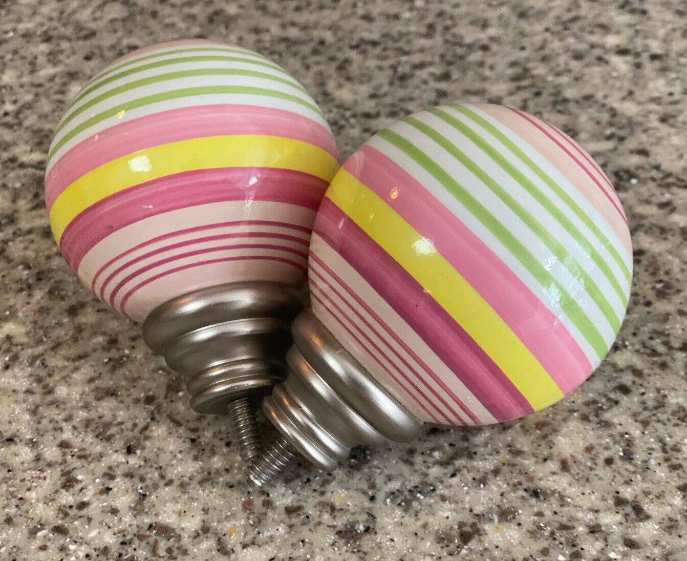 Pottery Barn~Curtain Rod Finials~Set of Two~Pink-Green-Yellow~Striped~Ceramic
