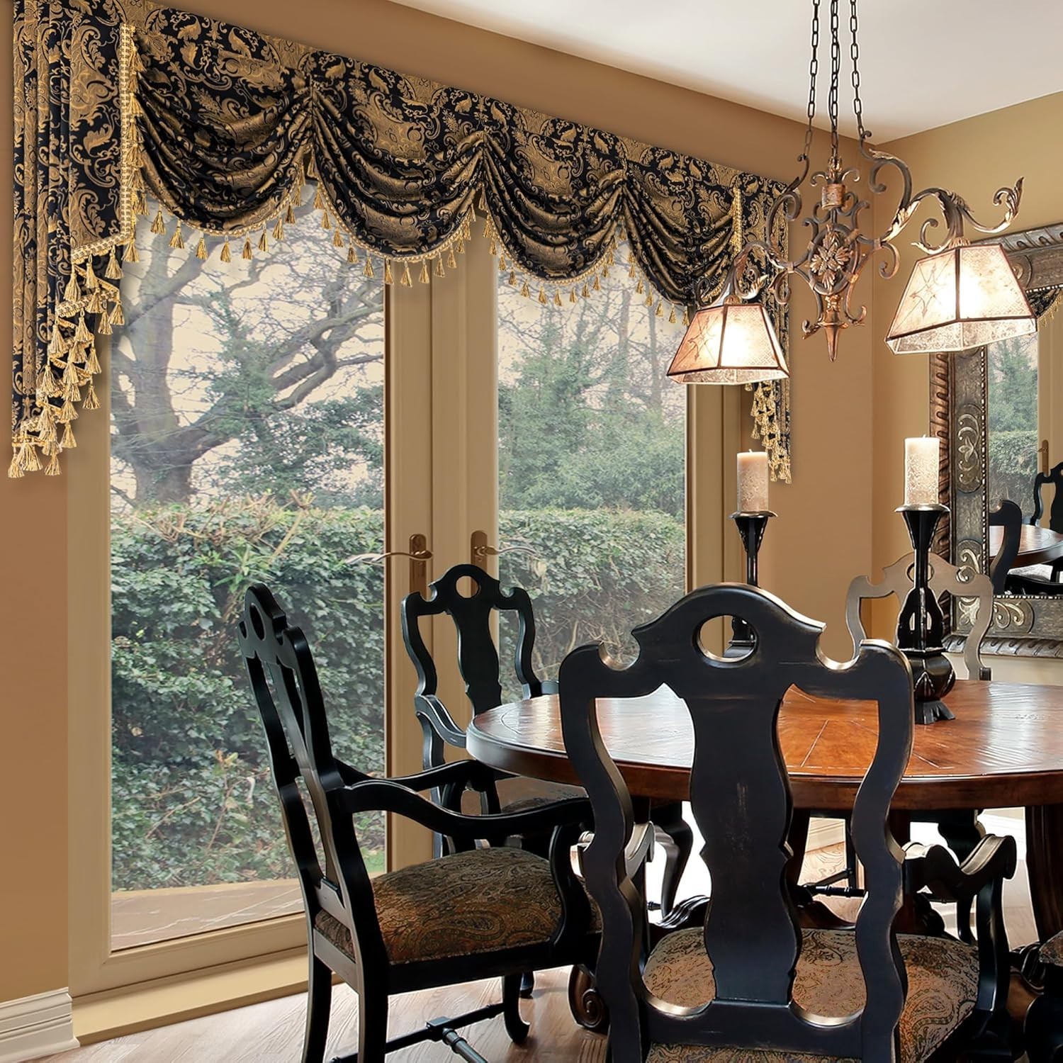 Waterfall Valance Curtain Damask Jacquard Black Window Treatments for Living …