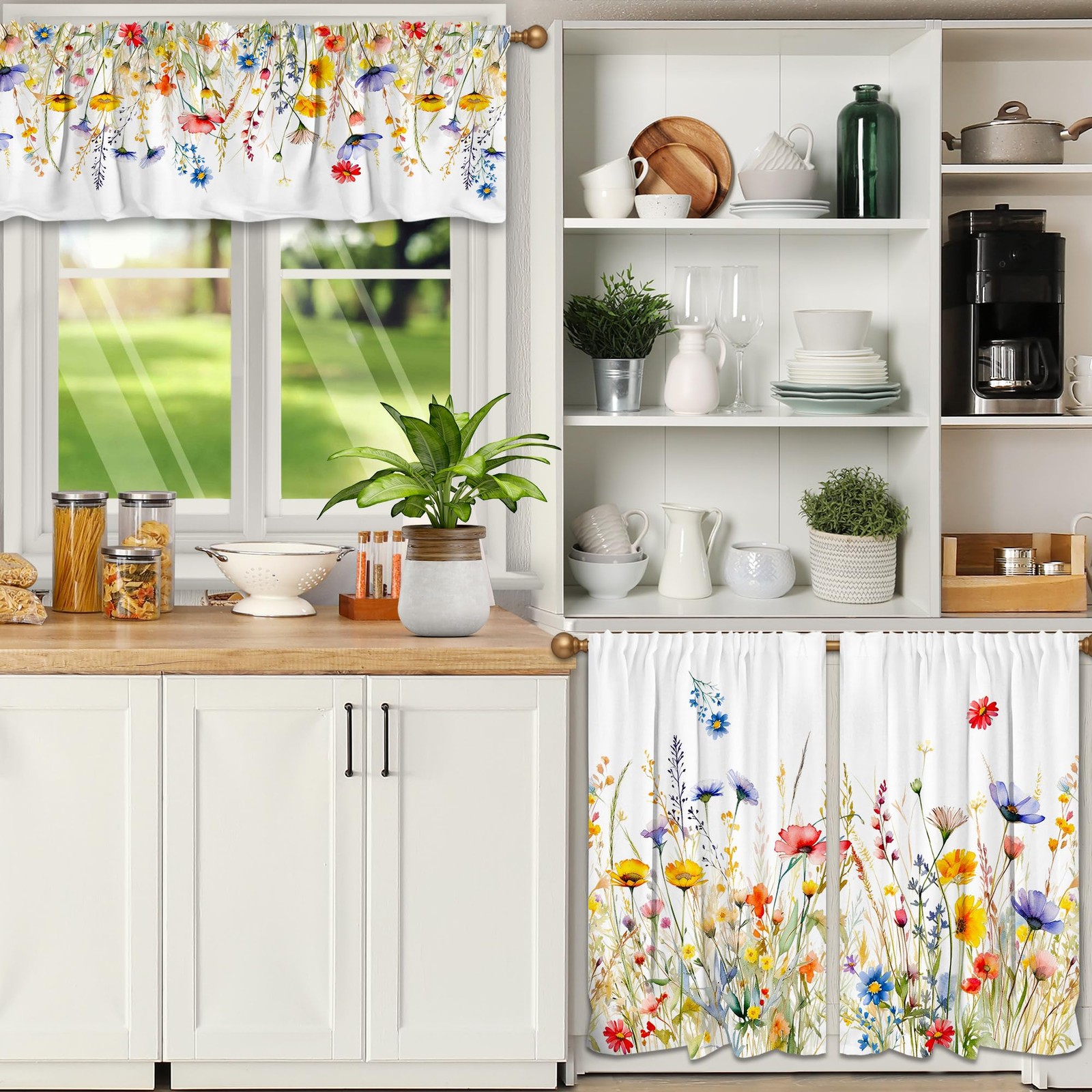 cusugbaso 3 Piece Spring Kitchen Curtains and Valances Set for Window