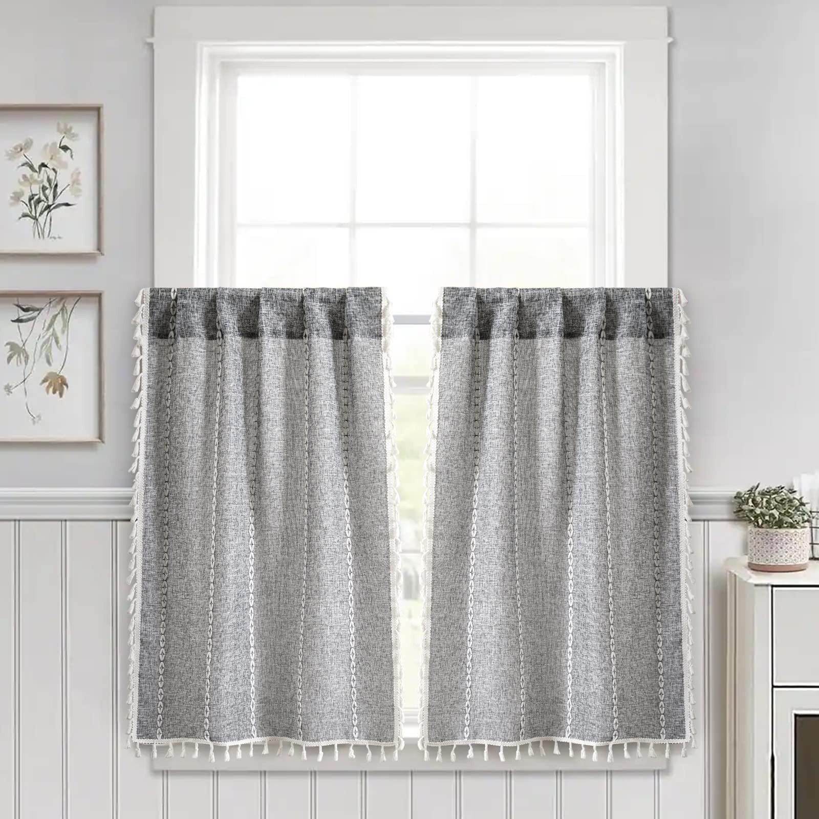 RoomTalks Dark Gray Boho Farmhouse Kitchen Curtains 36 Inch Length French Str…
