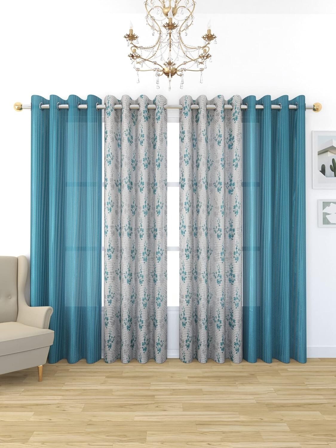 New 4 Pieces Eyelet Door Curtain Set 7 Feet Aqua