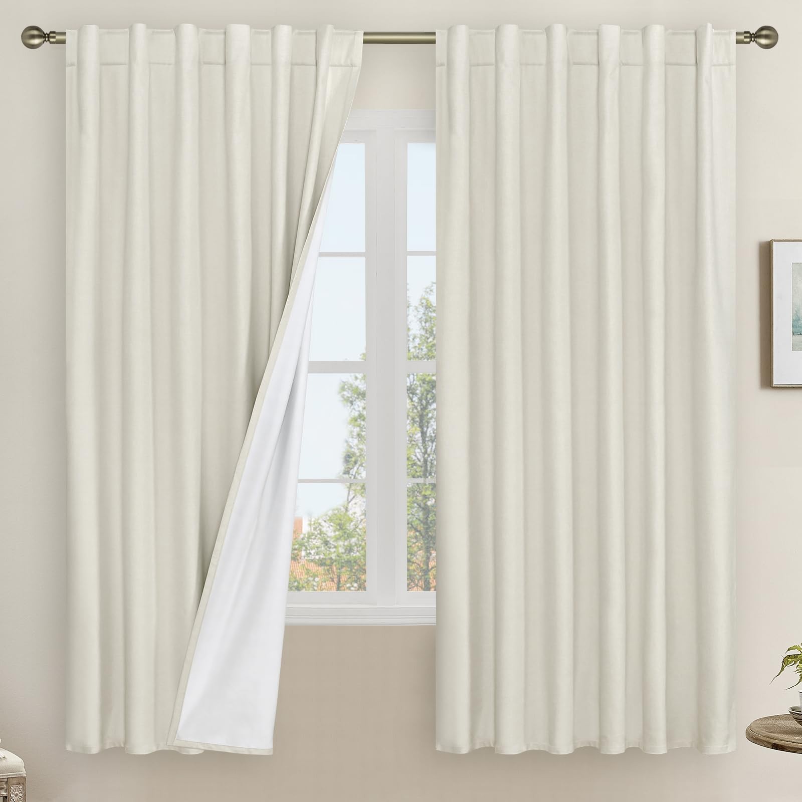 LAMIT 100 Blackout Natural Linen Curtains, 68 Inches Linen Textured Thermal