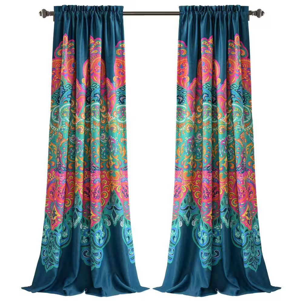 Turquoise/Navy Abstract Rod Pocket Room Darkening Curtain – 52 In. W X 84 In. L