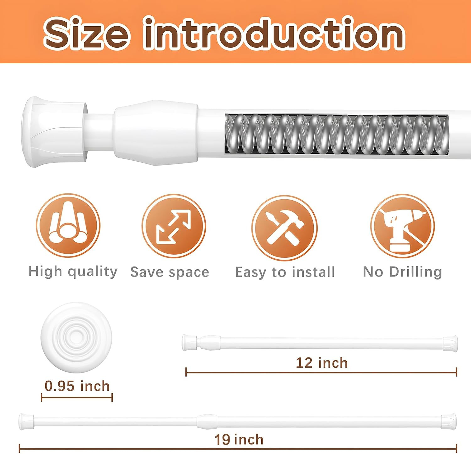 2PCS White Tension Rod 12 to 19 Inch, Mini Tension Rod DIY Curtain Rod Adjustabl