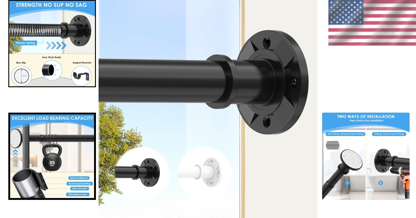 Outdoor Curtain Rod Tension Adjustable Heavy Duty Rustproof Black 31-168In