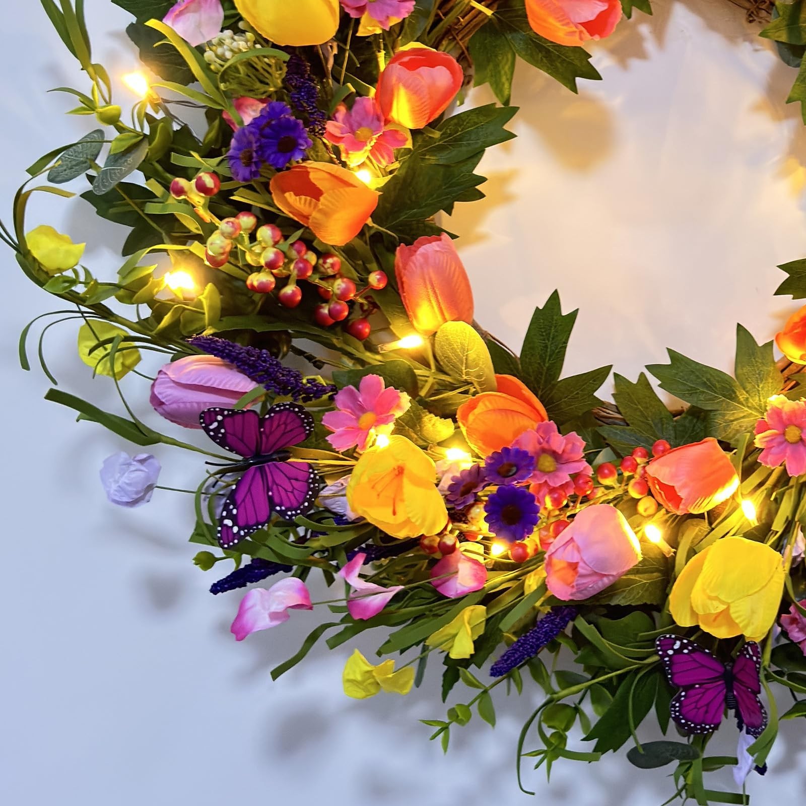 24 Inch Spring & Summer Artificial LED Tulip Wreath with LED Lights, Multicol…