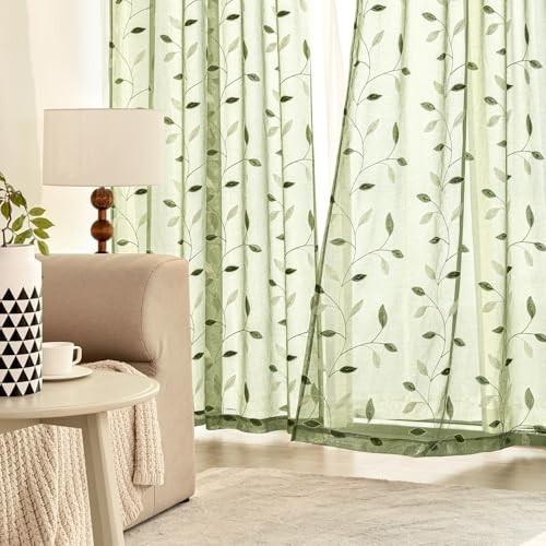 Sheer Kitchen Curtains 30×36 Inches Leaf 30″W x 36″L (Pack of 2) Sage Green