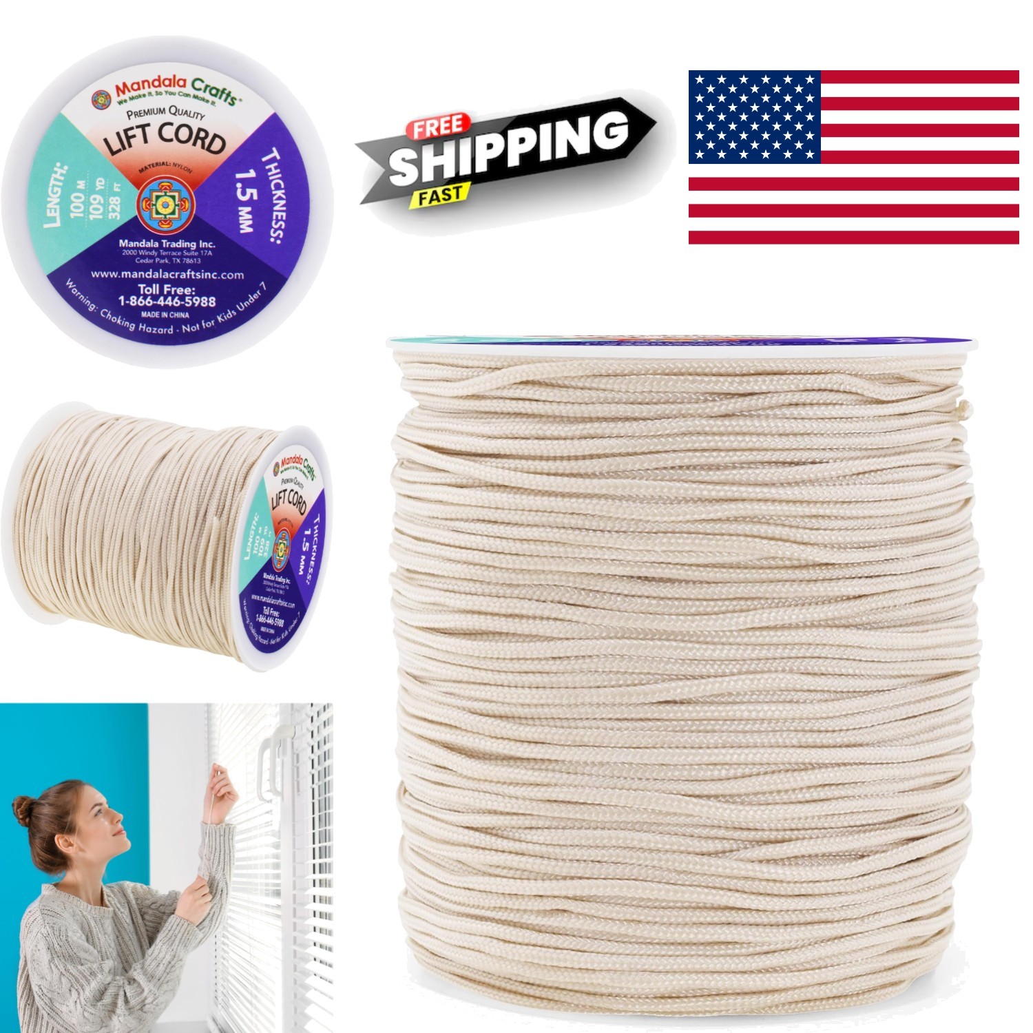 Heavy Duty 1.5mm Egg Shell Cord 109 Yards for Window Treatments and Repair