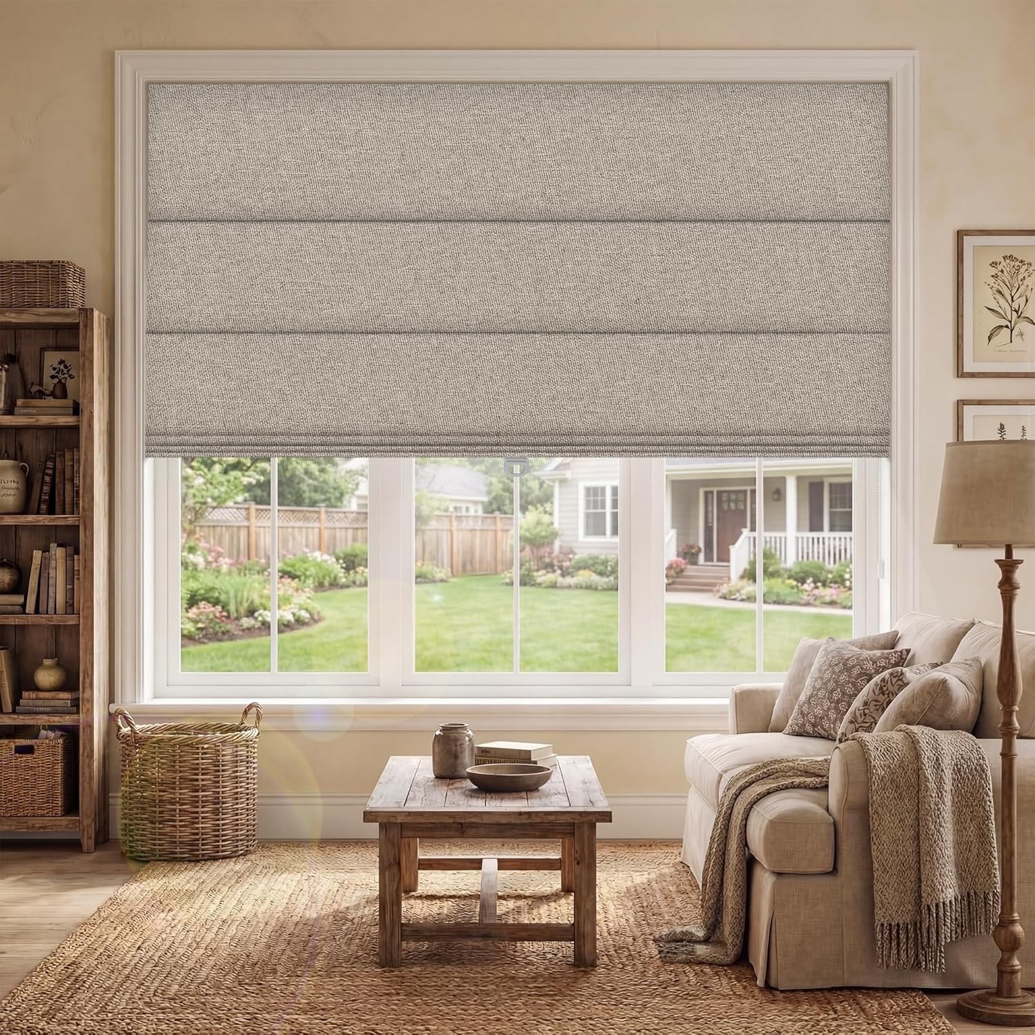 BERISSA Cordless Privacy Blackout Linen Fabric Roman Shade 37″x48″ Light Brown