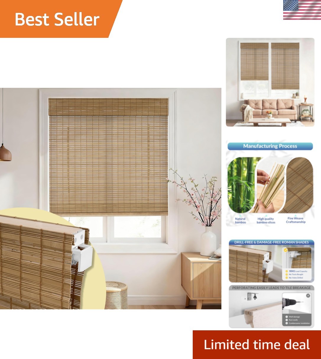 No Drill No Tools Bamboo Roman Shades, Cordless Light Filtering Window Blinds…