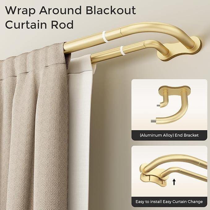 Wrap Around Blackout Double Curtain Rod, 34-92 Inch, Gold | Adjustable 40LB