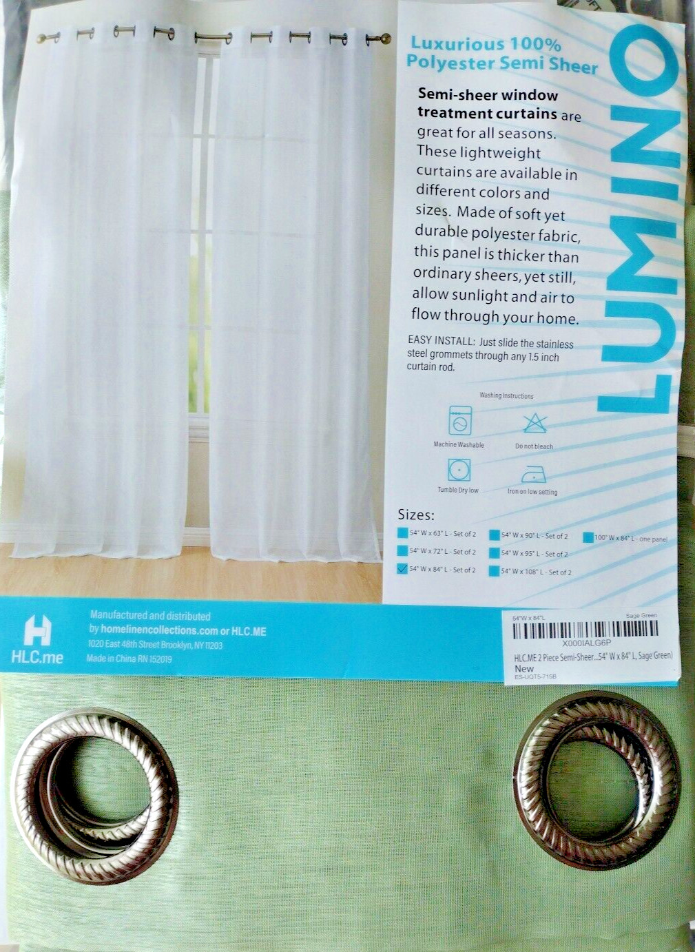 Lumino, Semi Sheer Curtain Panels Pair, Sage Green, grommet HLC. 54 W x 84 L