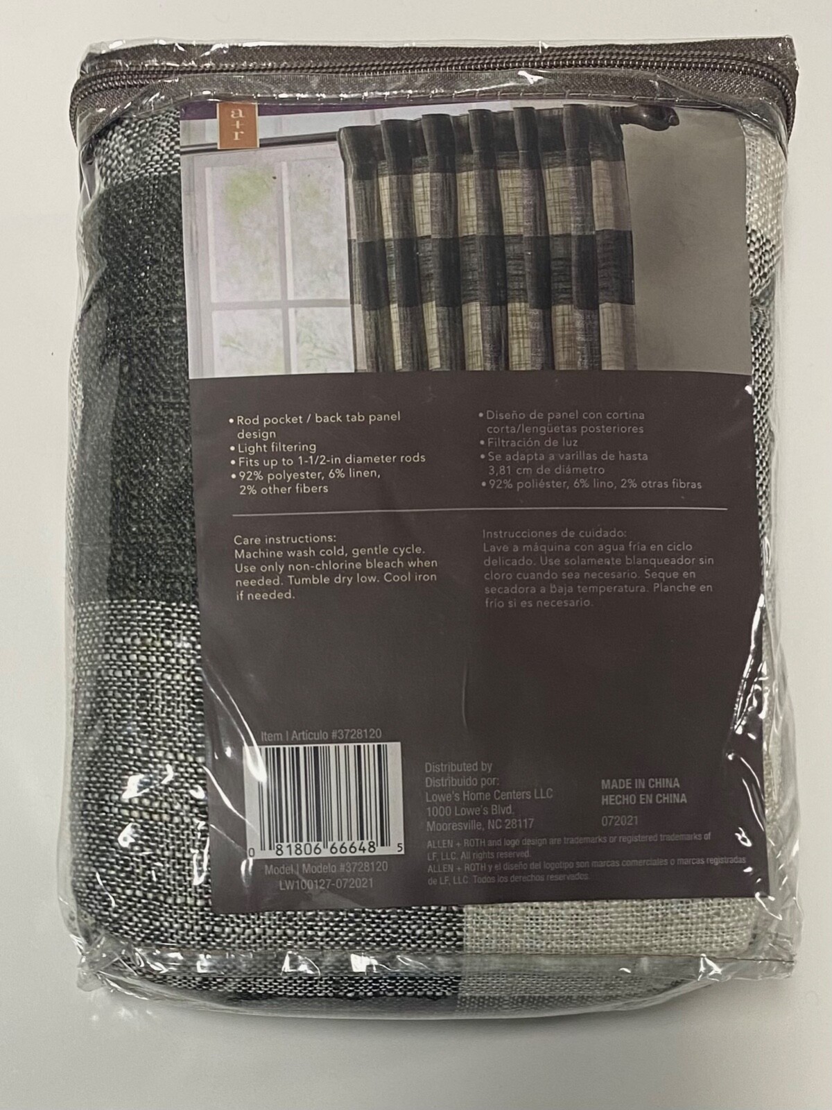 (ONE PANEL) 3728120 ALLEN + ROTH 50″ X 95″ BLACK & WHITE HESS ROD POCKET CURTAIN