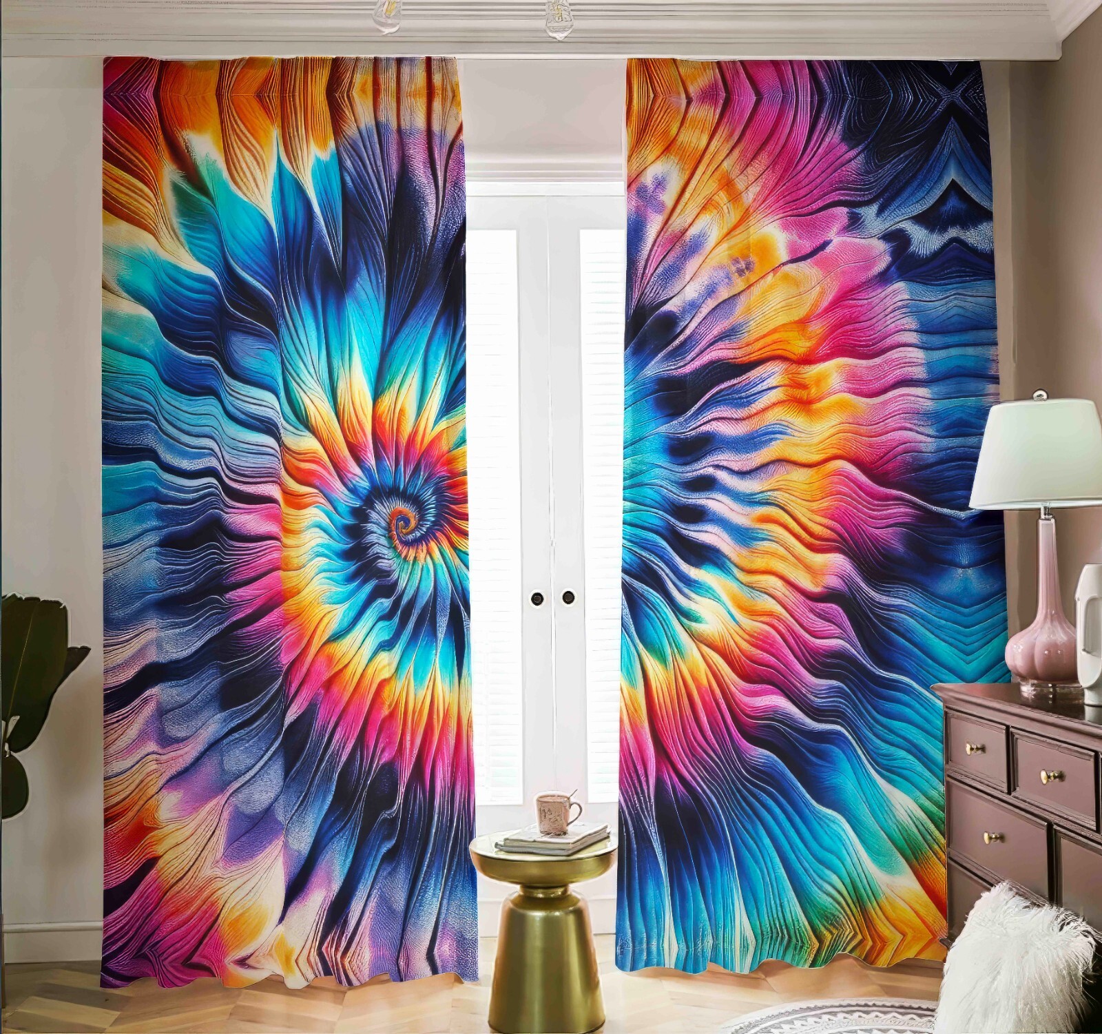 Psychedelic Tie Dye Blackout Curtains Black Out Rainbow Spiral Tied Dyed Pastels