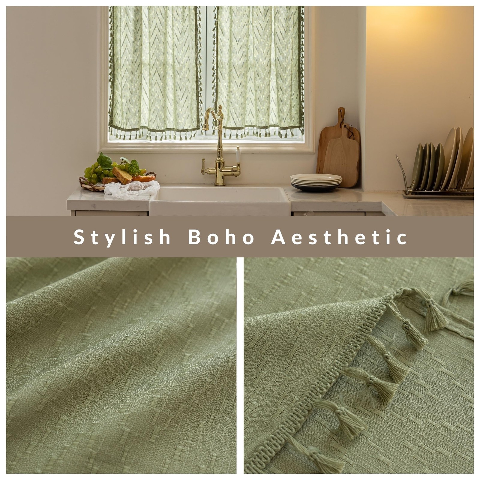 Kitchen Window Curtains Over Sink 24 Inch Length Boho Tassel Tiers Cafe Curta…