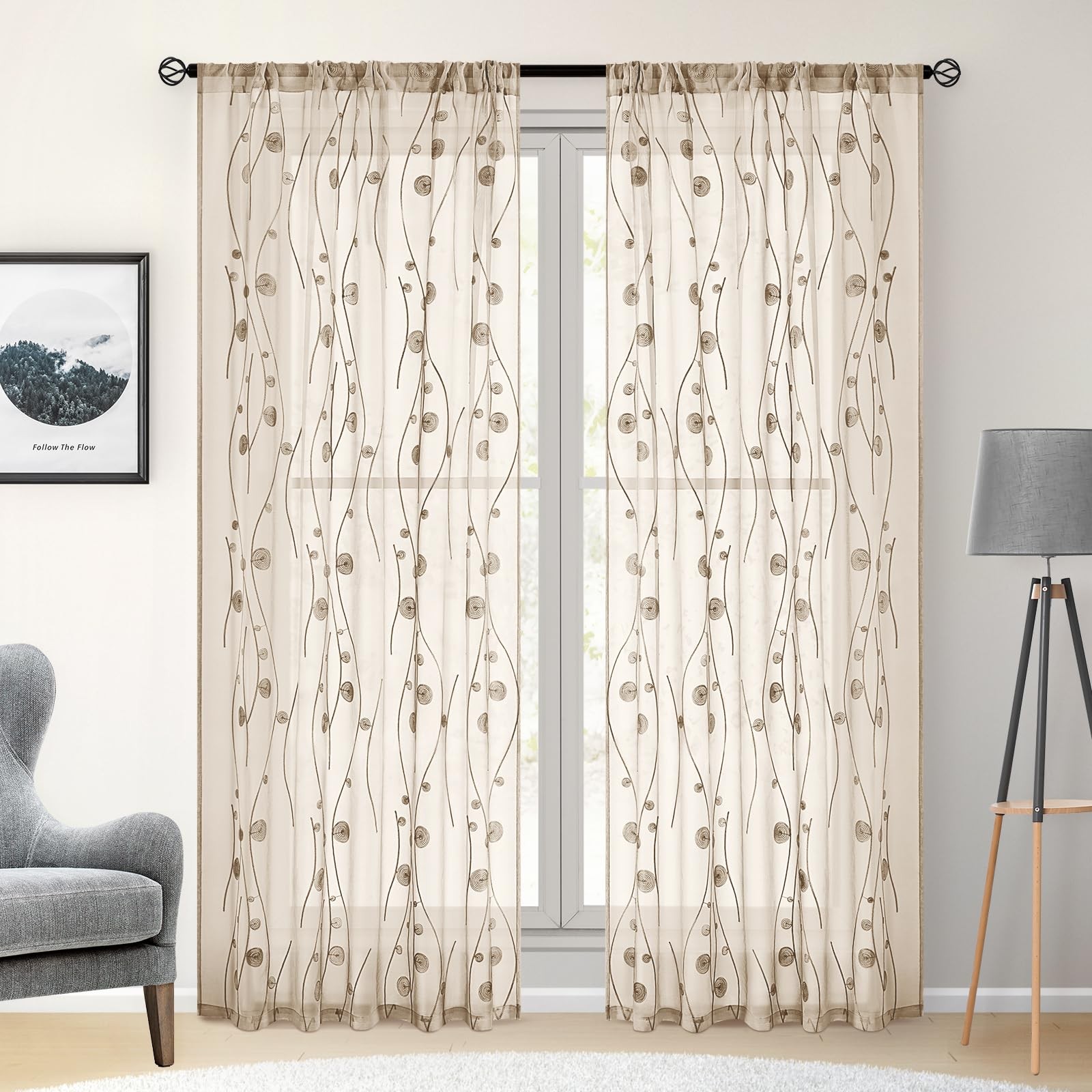 Taupe Sheer Curtains 52 X 96 Inches Length 2 Panels Beige Embroidered Wave Li…