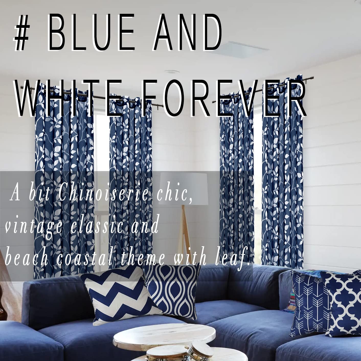 XTMYI Navy Blue Pattern Curtains 84 Inch Length for Living Room 2 Panels Set,Lea