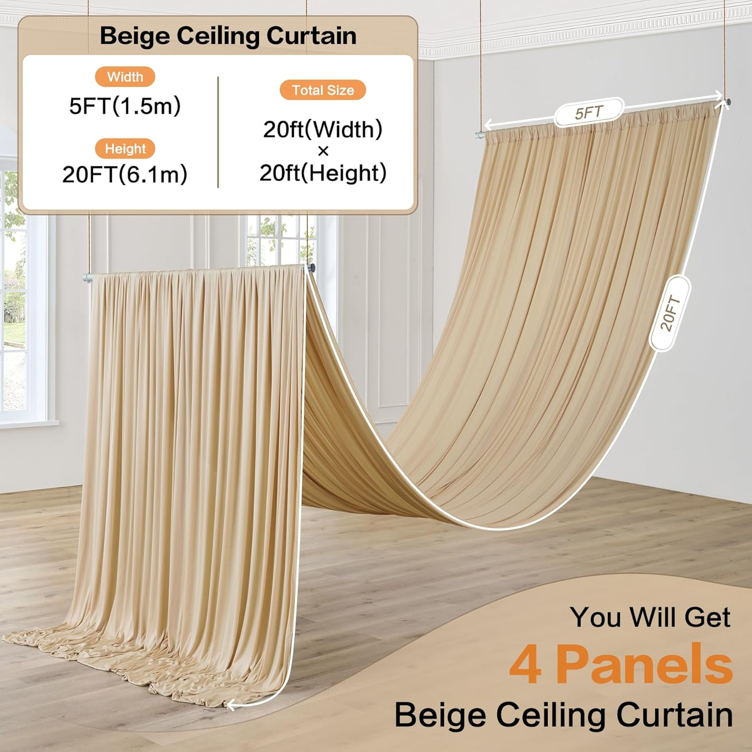 20Ft Beige Ceiling Drapes for Weddings & Events, 2 Panels, Easy to Hang