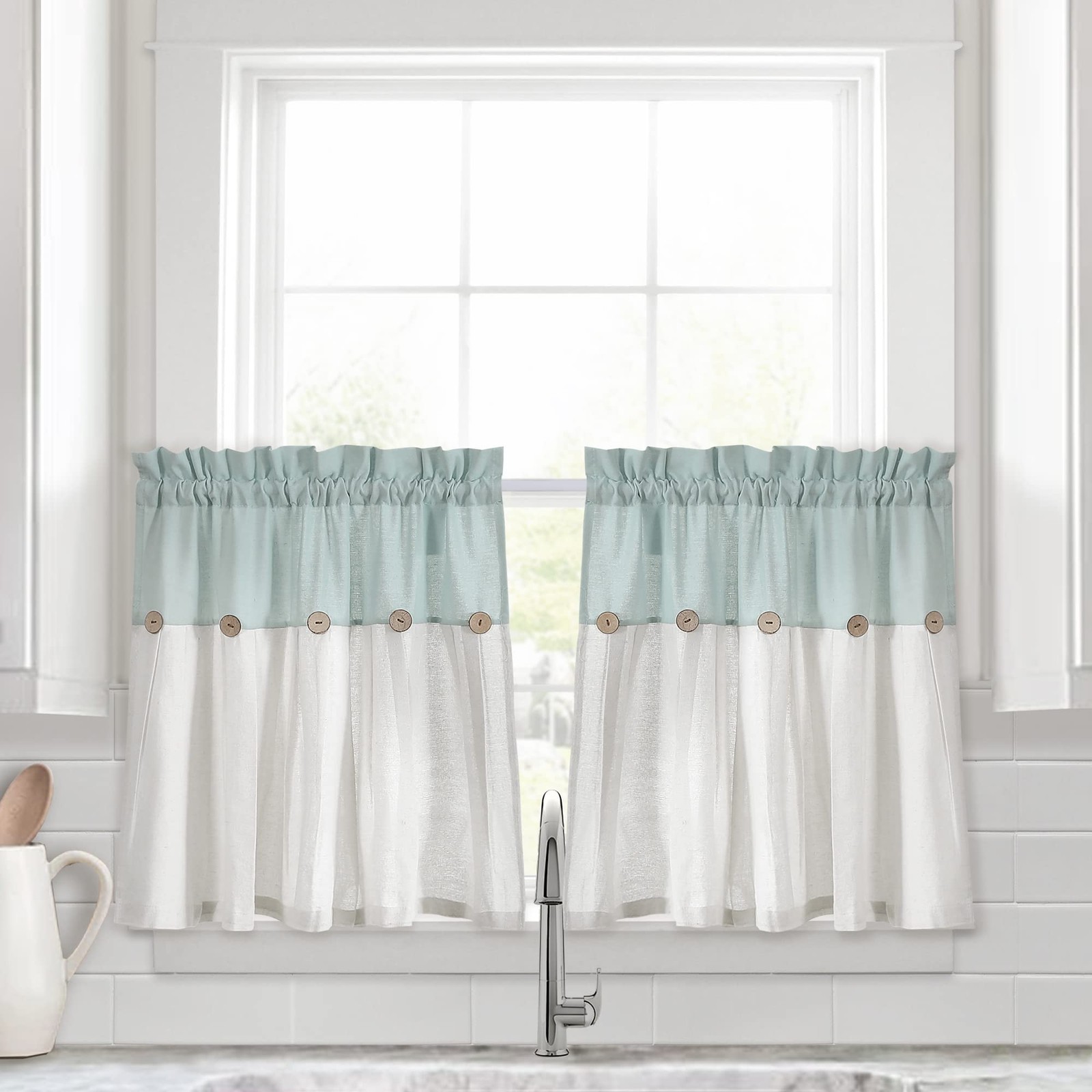 Linen Button Farmhouse Kitchen Curtains Tier Set 29″W x 24″L Dark Linen – Lin…