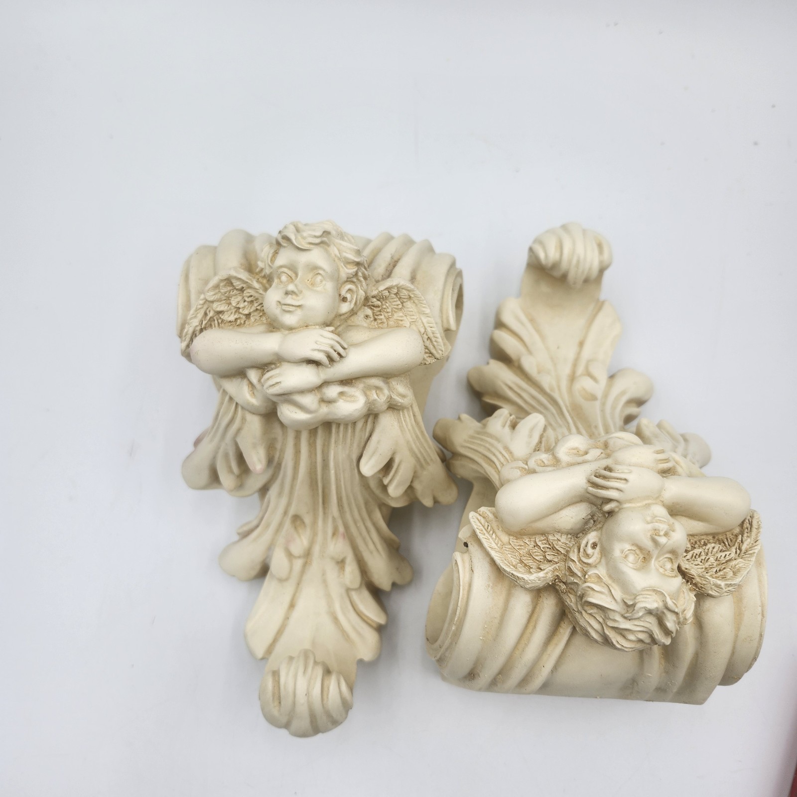 Pair Vintage Angel Cherub Drapery Curtain Rod Wall Sconce Corbel Swag Holders