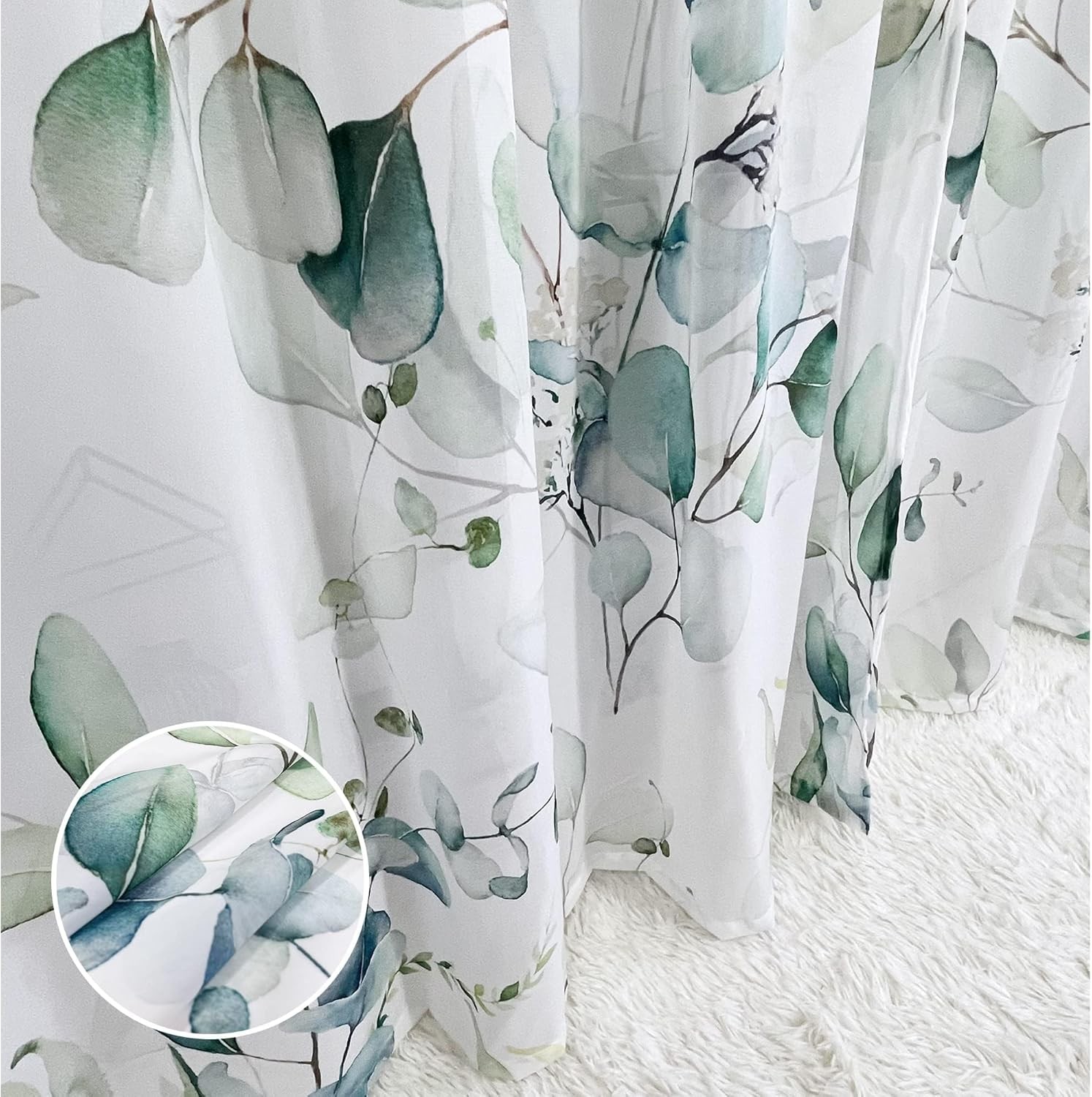 Green Eucalyptus Leaves Curtains for Living Room 96 inch Length 2 Panels Set