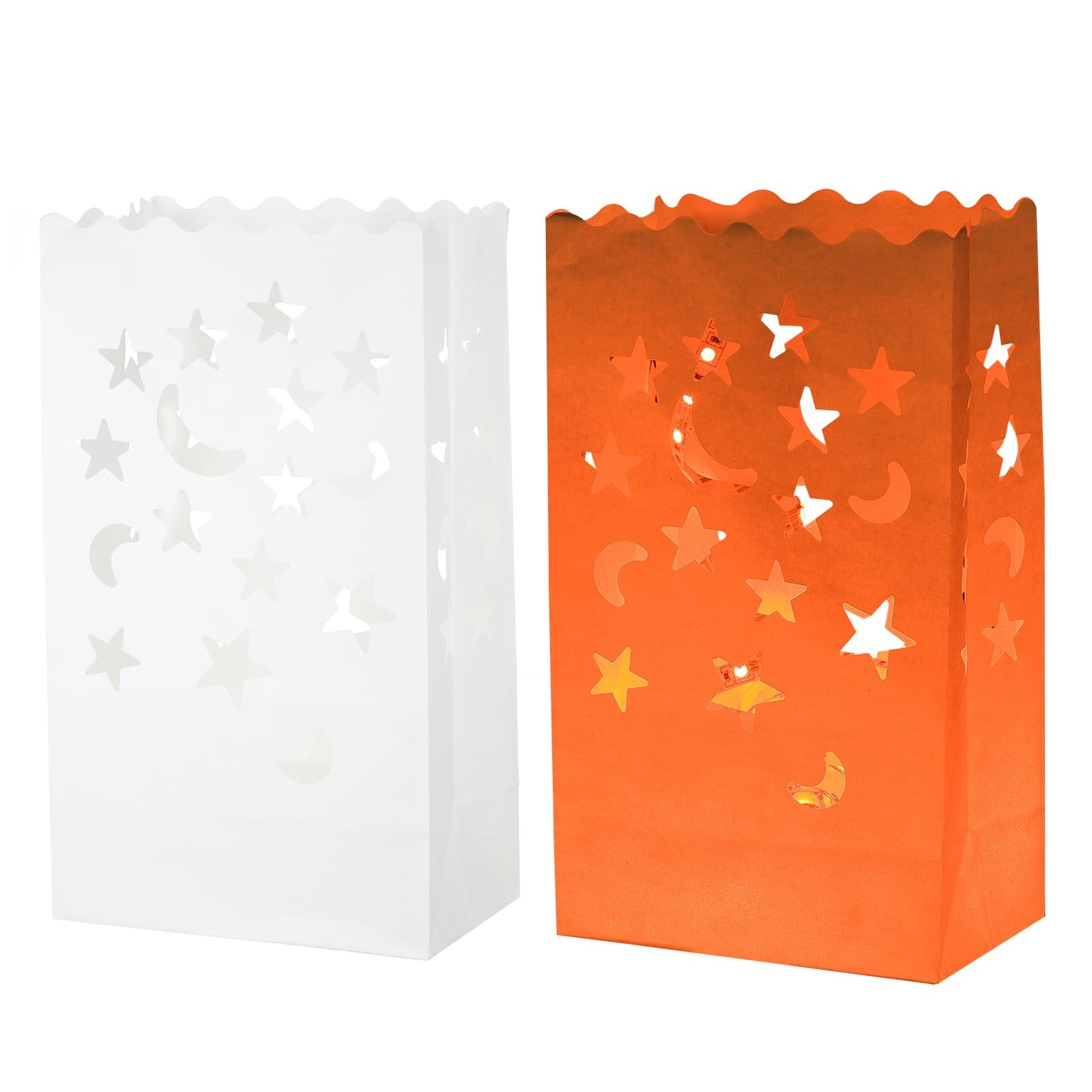 White Luminary Bags, 10 Pcs Star Moon Shape Flame Resistant Lantern Candle Ba…