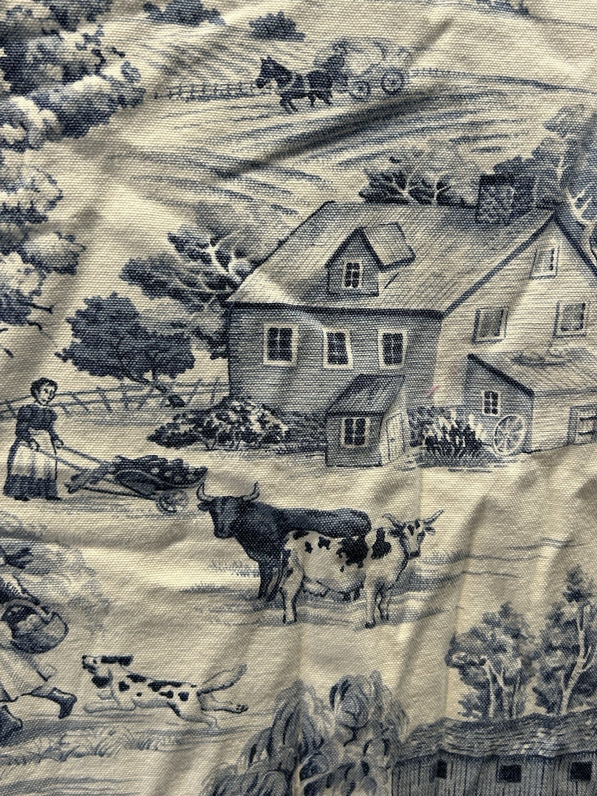 Blue White Farm Toile Fabric Curtains 2 Panels Farm house Country 49″ x 20″ L8