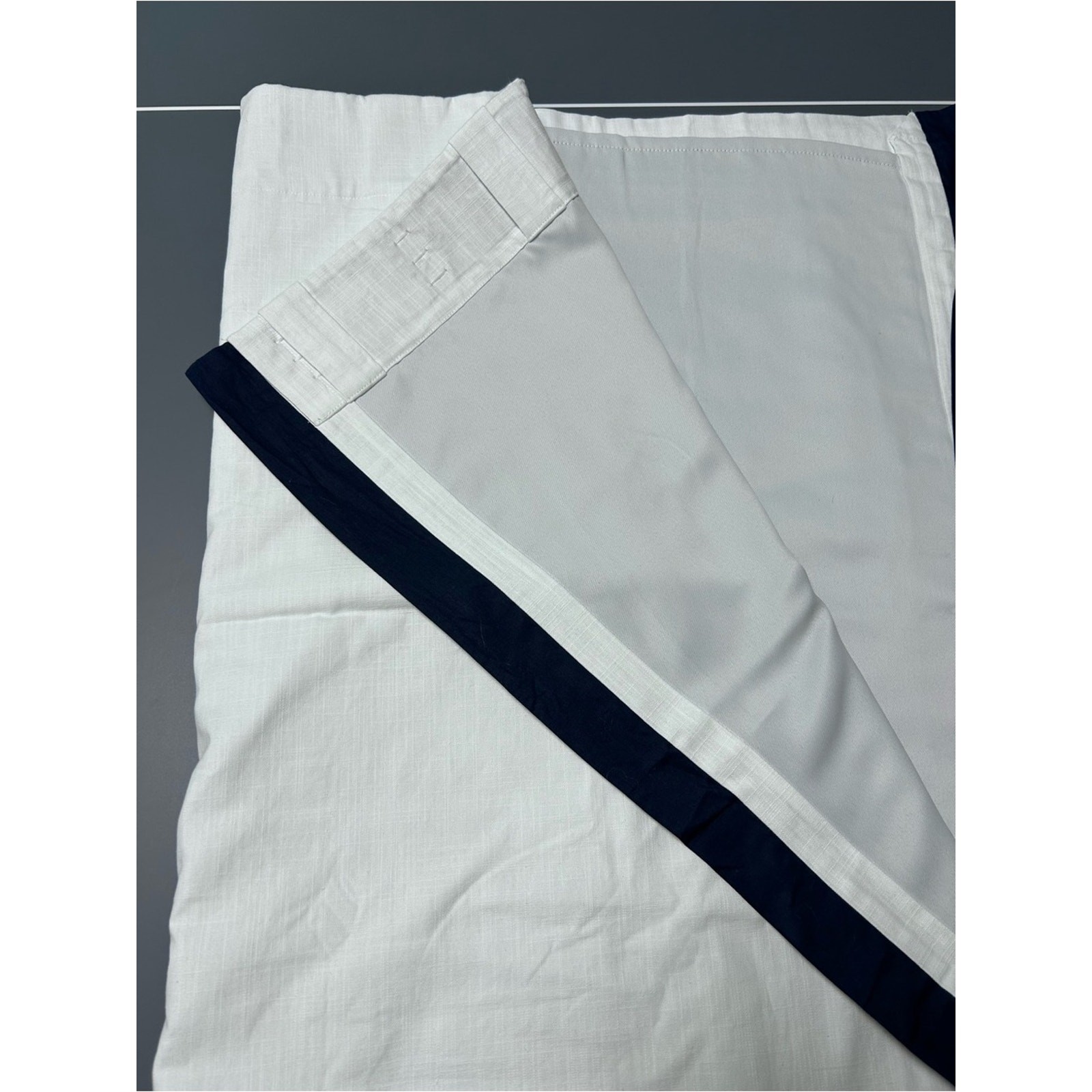 Pottery Barn Kids Window Curtain Panel Parker White w Navy Blue Stripe Trim NEW