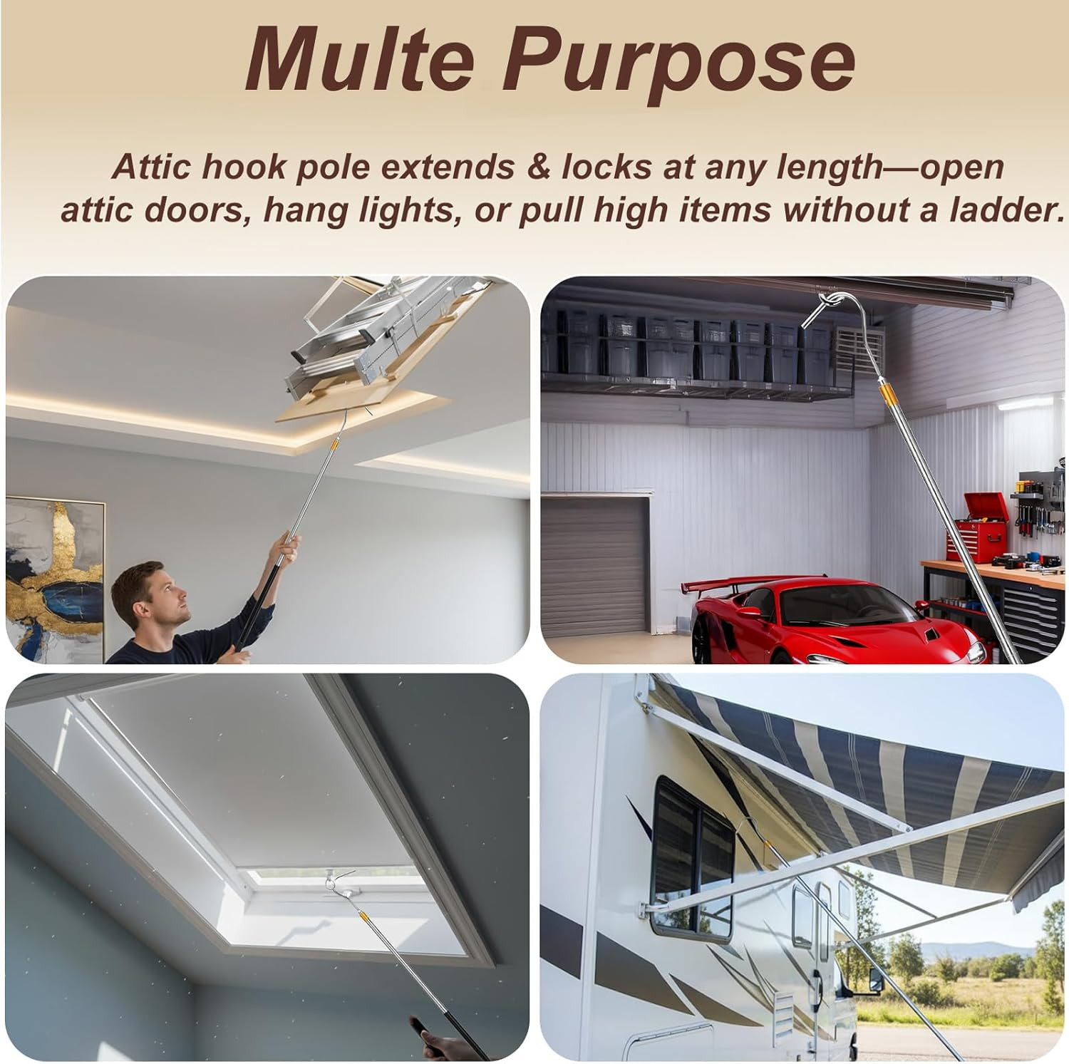 Attic Pull down Hook, 63-Inch Telescopic Attic Pull down Rod, Premium Stainless