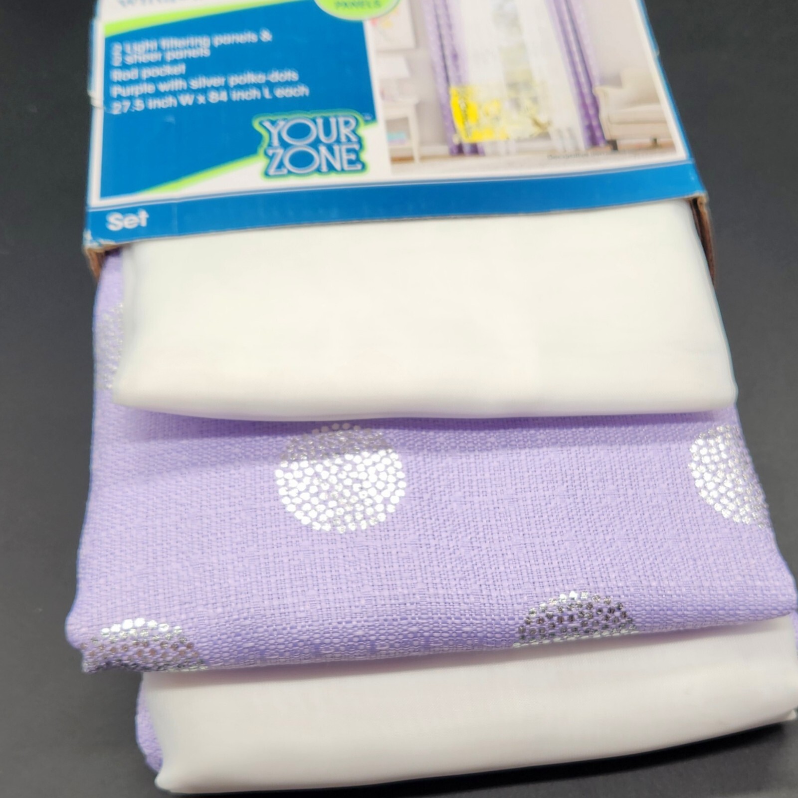 4‑Piece Curtain Panel Set 84″ – Purple Foil Polka Dot + White Sheers NEW