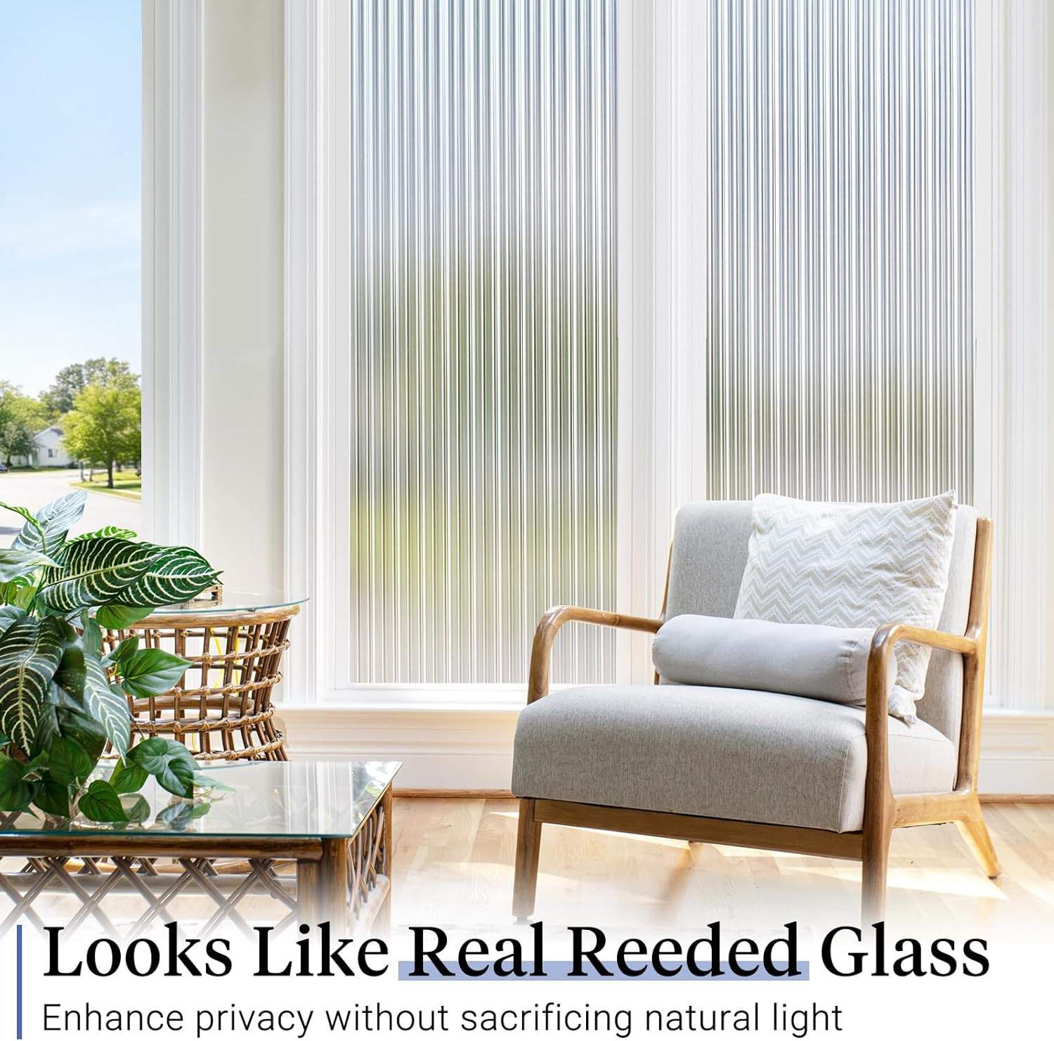 Haton Reeded Glass Window Privacy Film, Static Cling Non-Adhesive Frosted Film,