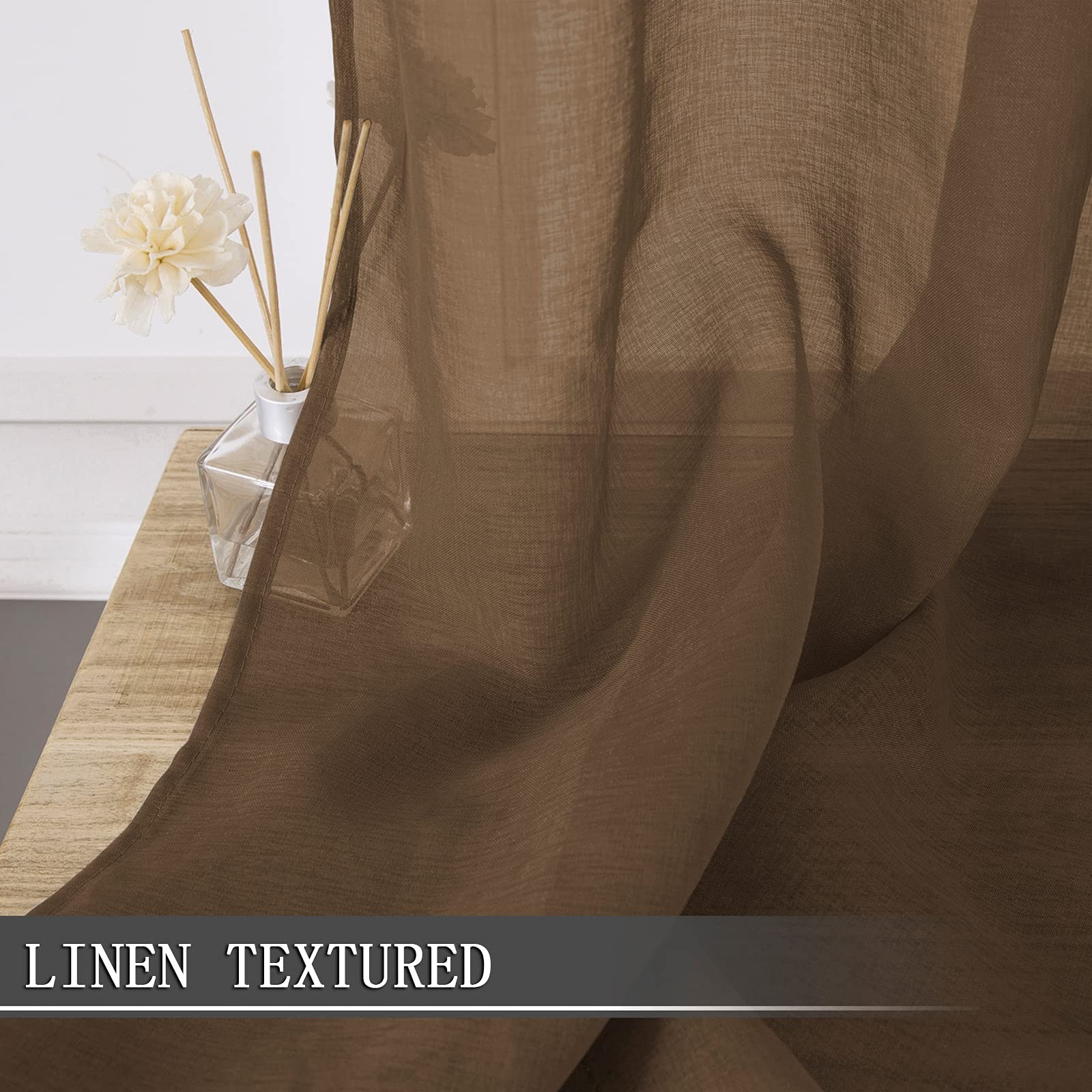 Tollpiz Short Sheer Curtains Linen Textured 54″W x 45″L (Pack of 2), Brown
