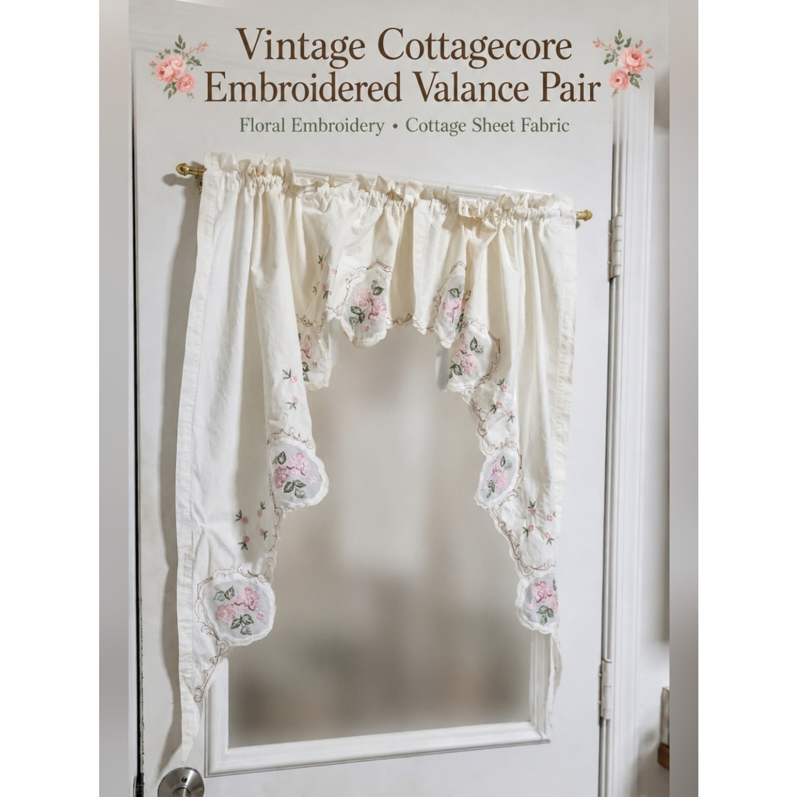 Vintage Cottage Chic Embroidered Valance Pair Romantic Floral Curtain 2 Panels