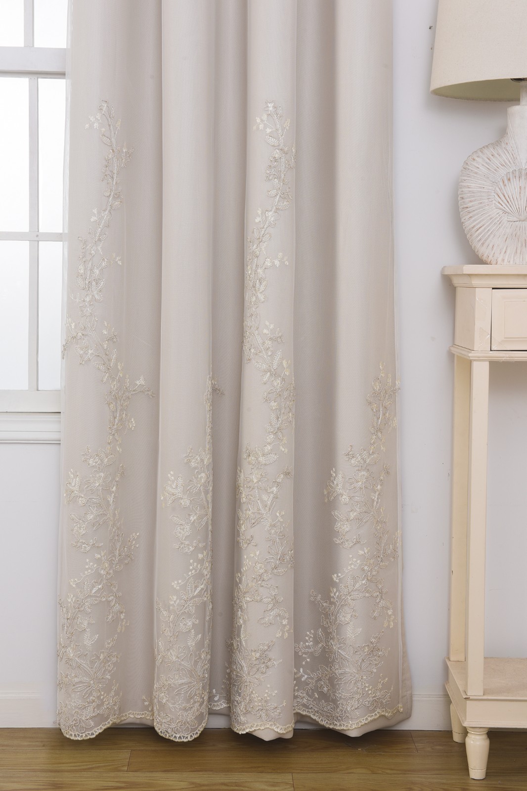 2 Panels 52x63inch Double Layer Curtains with Embroiered Sheer, Grommet Drapes