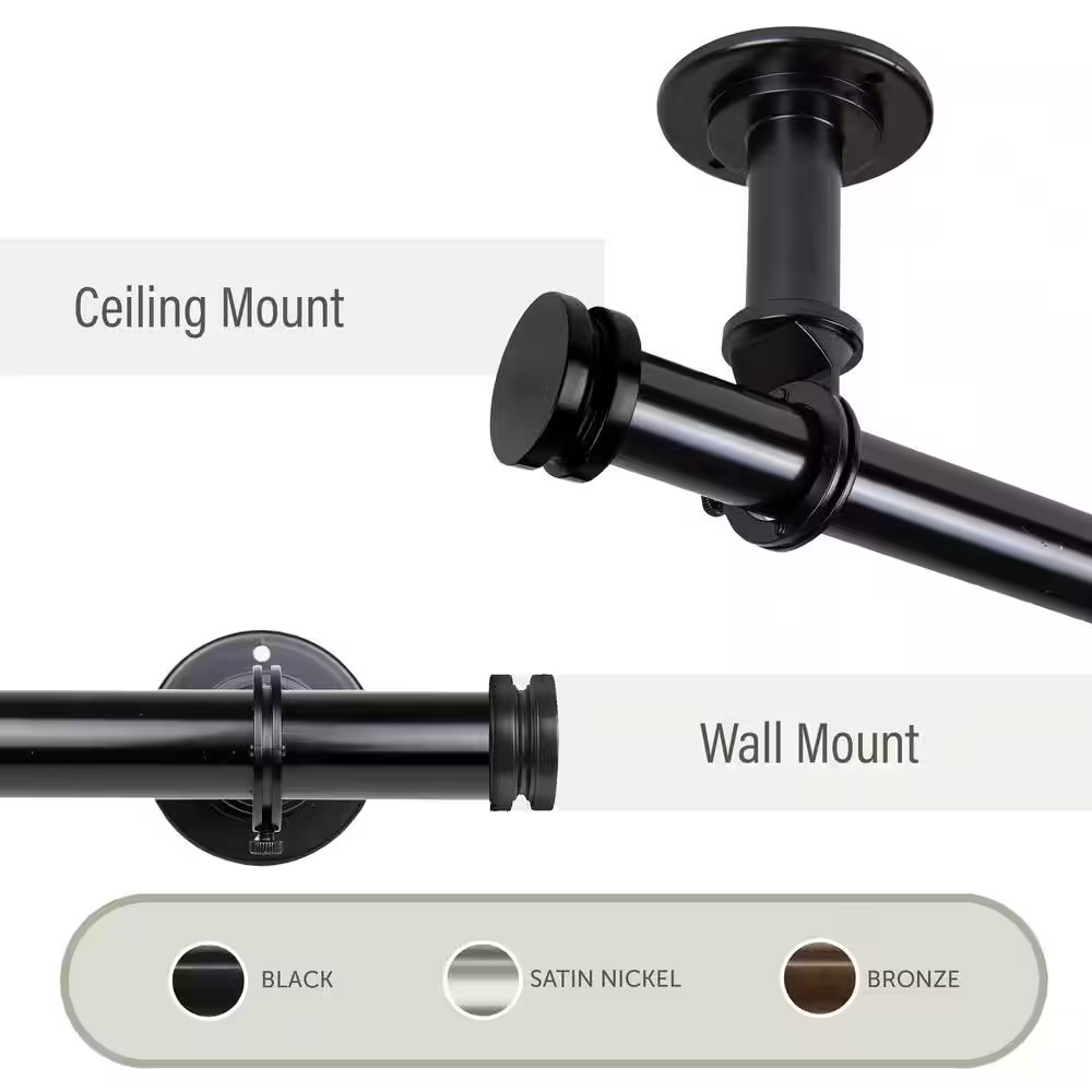 Bun Ceiling 66 In. – 120 In. Single Curtain Rod in Black with Finial