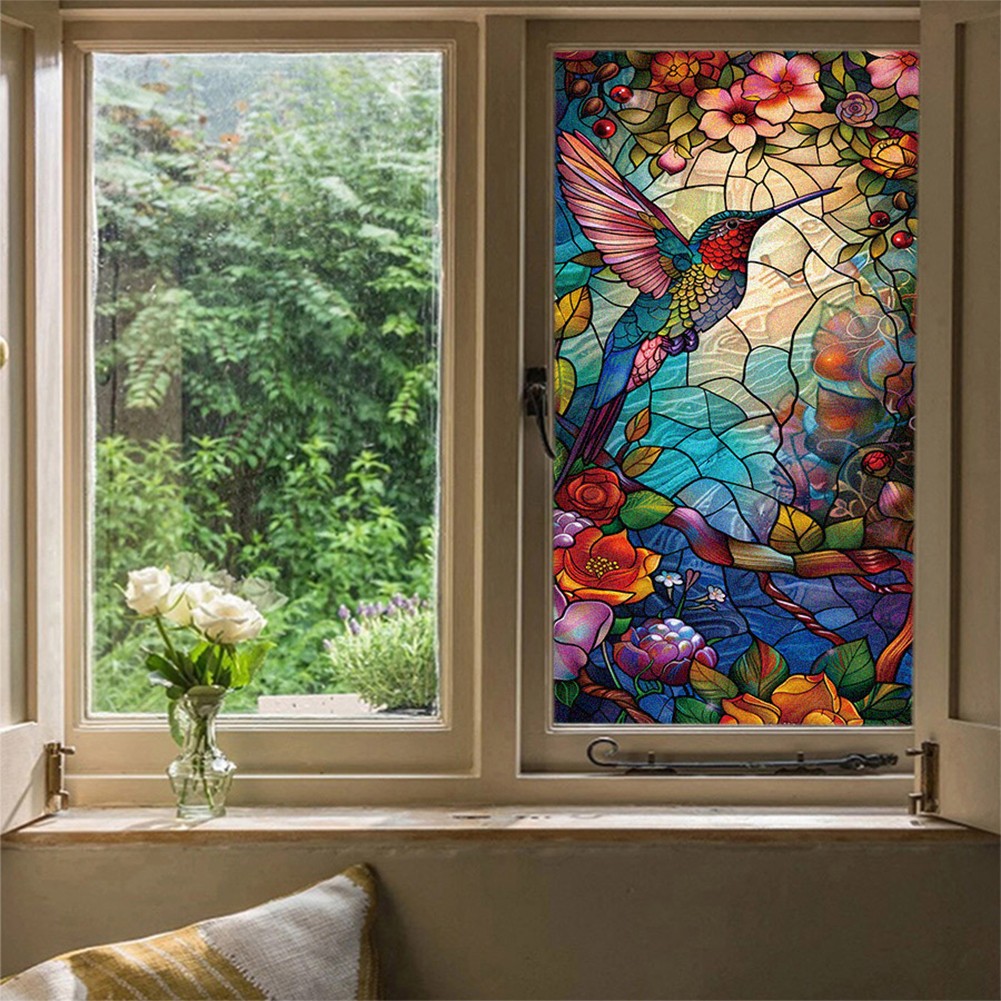 Privacy Protected Static Cling Glass Window Film Stained Flower Bird Sticker