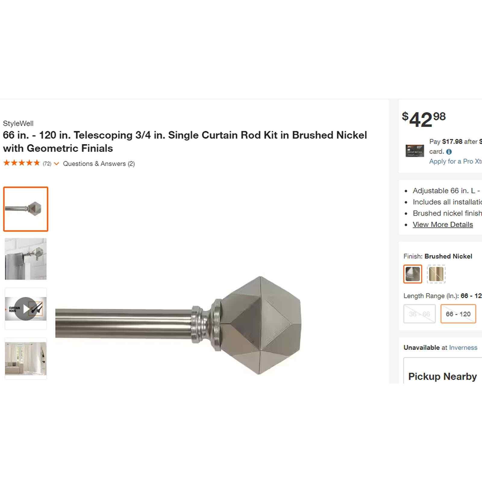 66″ – 120″ 3/4 in. Single Curtain Rod Kit, Brushed Nickel with Geometric Finials