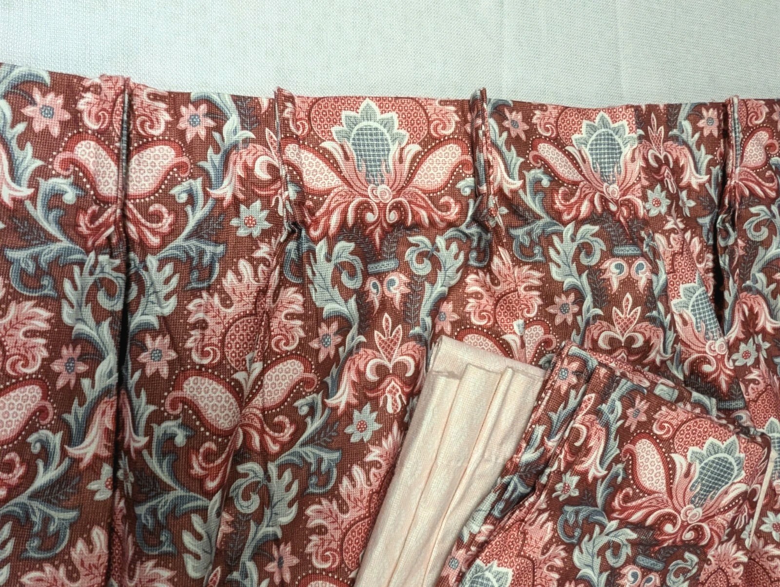 Vtg Custom Pinch Pleat Drapes Curtains Pink Grey Mauve Ivory 46×83″ Heavy Set