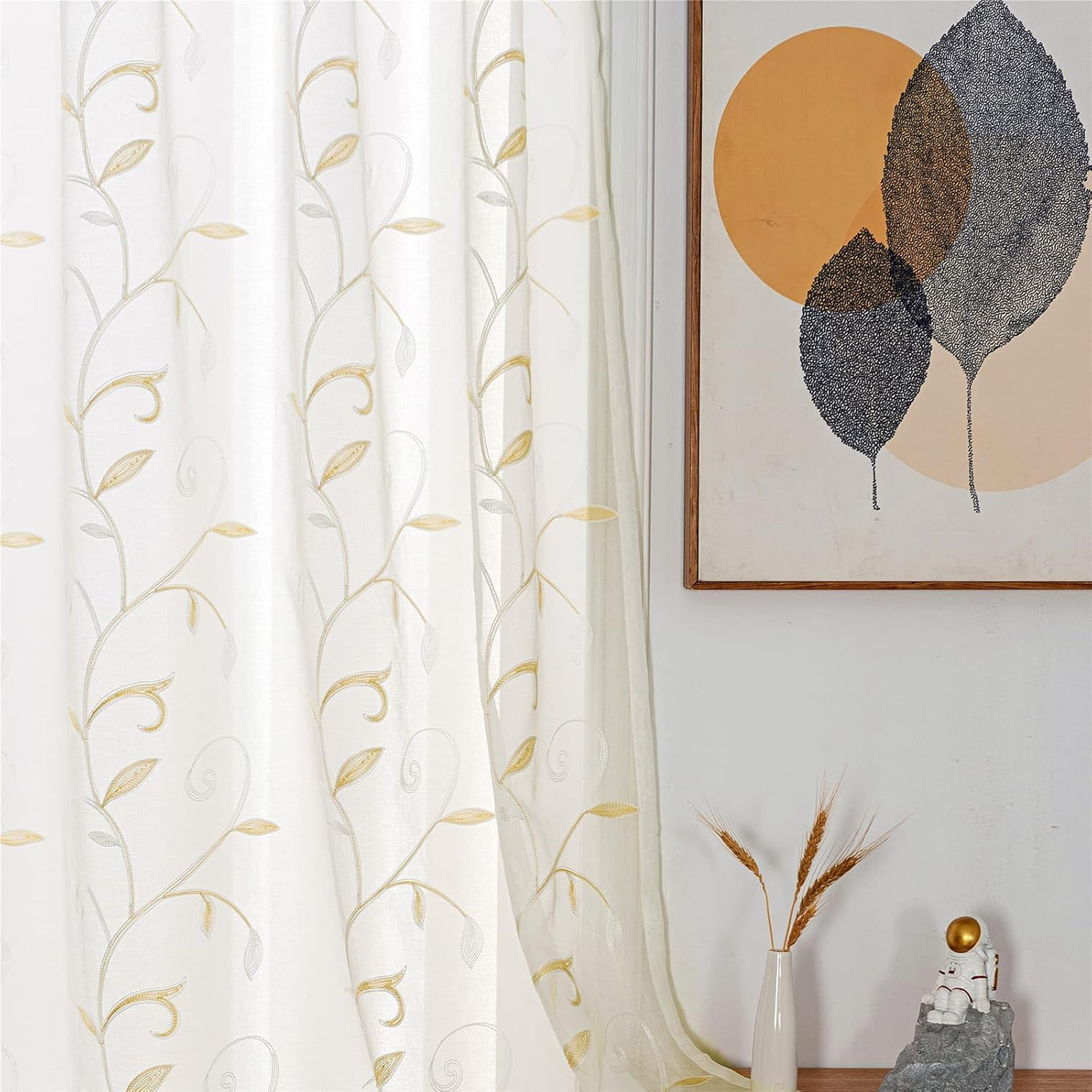 Sheer Voile Curtains 84 Inches Long White Embroidered Leaves Set 54×84 Inches