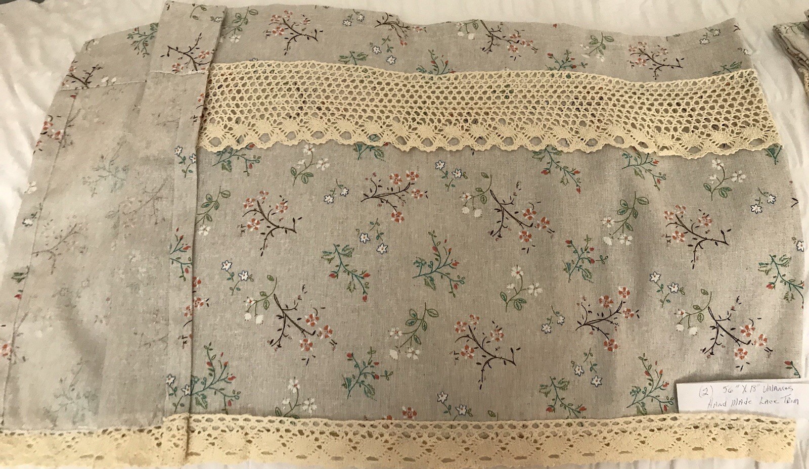 Set Of 2 Floral Valances Or Tiers With 2 Rows Of Lace 56×18” Each