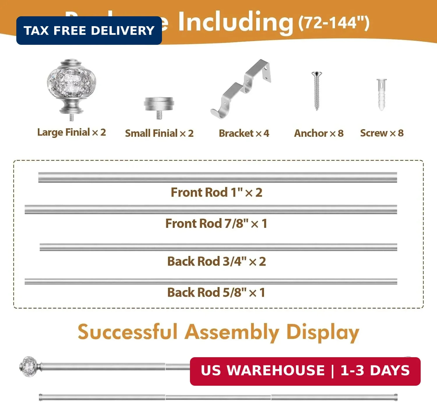 1 Inch Double Curtain Rods 72 to 144 Inches (6 to 12 ft), USFOOK Silver Drapery