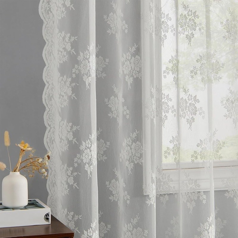 Sheer Lace Curtains Panel Set Rustic Floral Design Home Décor Curtains New