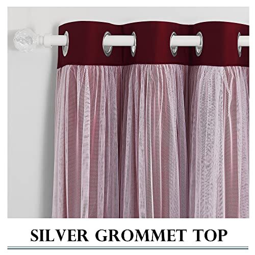Red Curtains 95 Inches Long Solid Blackout Curtains With White Sheer Overlay 52