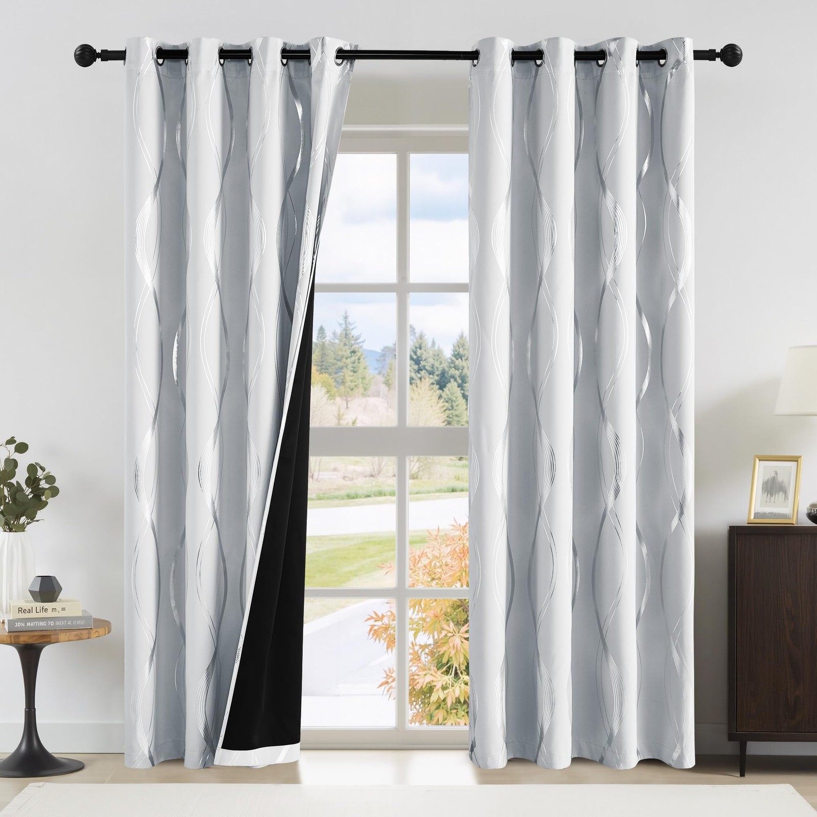 100% Blackout Print Curtains 84 inch Long, Greyish White
