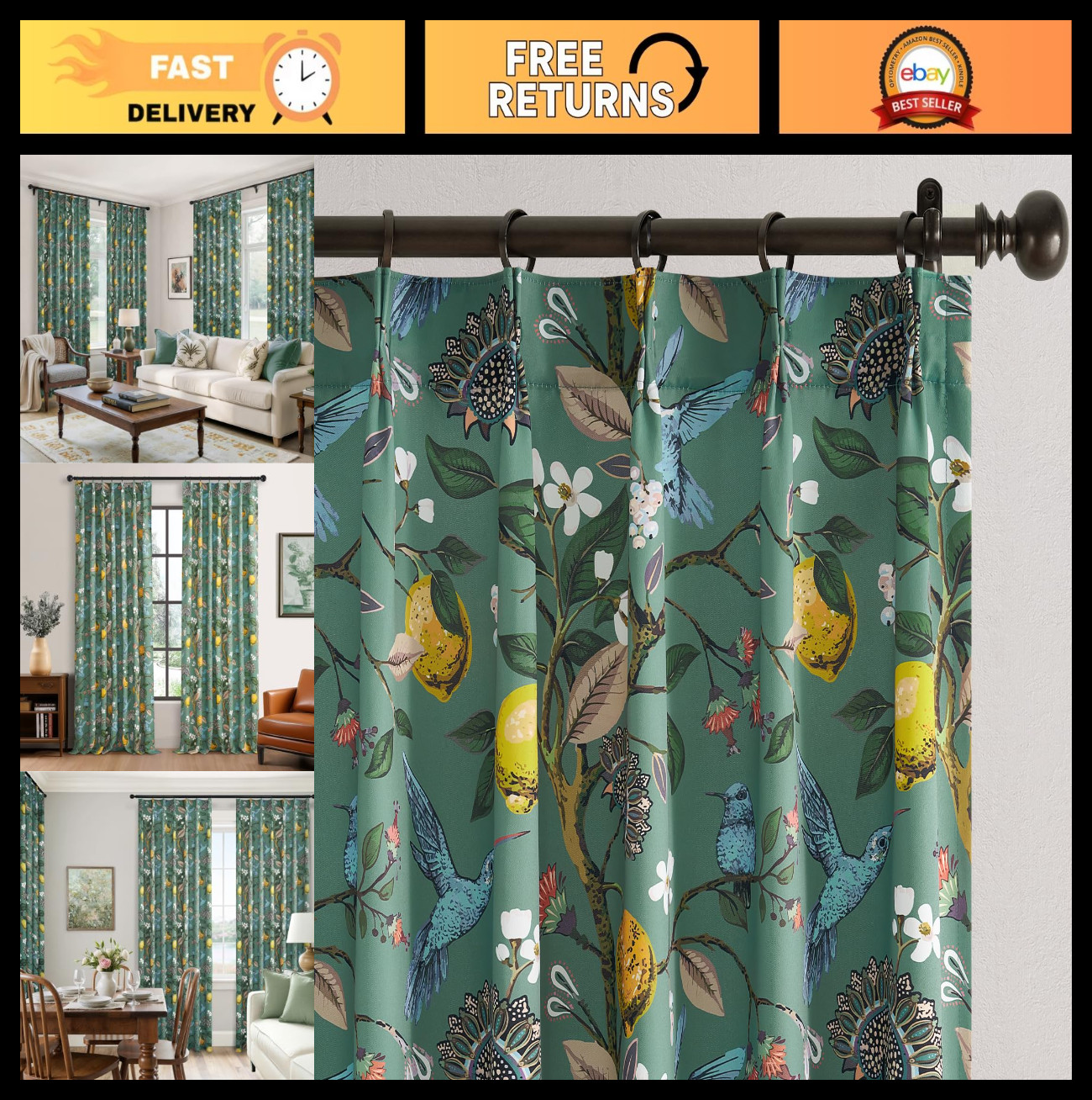 Boho Floral Pinch Pleated Curtains 84″ Sage Green Hummingbird Drapes, 2 Panels